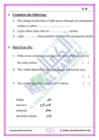 6Primary One First Term AL KAMAL AZHARIAN INSTITUTES
H.W
 Complete the following:
1- The change in direction of light passes through two transparent
surface is called ……………………………
2- Light reflect when falls on ………………. surface.
3- Light ………… when transfers between two transparent media.
 Put () or (×):
1- If the seven colours accumulate with each other you can see
the white colour. ( )
2- The visible Spectrum is the light energy that can be seen.
( )
3- The visible Spectrum consists of 9 colours. ( )
indigo ‫نيلى‬
rain bow ‫قزح‬ ‫قوس‬
analyzed ‫يتحلل‬
spectrum colours ‫الوان‬
 