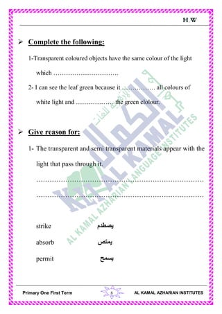 8Primary One First Term AL KAMAL AZHARIAN INSTITUTES
H.W
 Complete the following:
1-Transparent coloured objects have the same colour of the light
which ………………………….
2- I can see the leaf green because it ……………. all colours of
white light and ……………… the green clolour.
 Give reason for:
1- The transparent and semi transparent materials appear with the
light that pass through it.
…………………………………………………………………
…………………………………………………………………
strike ‫يصطدم‬
absorb ‫يمتص‬
permit ‫يسمح‬
 