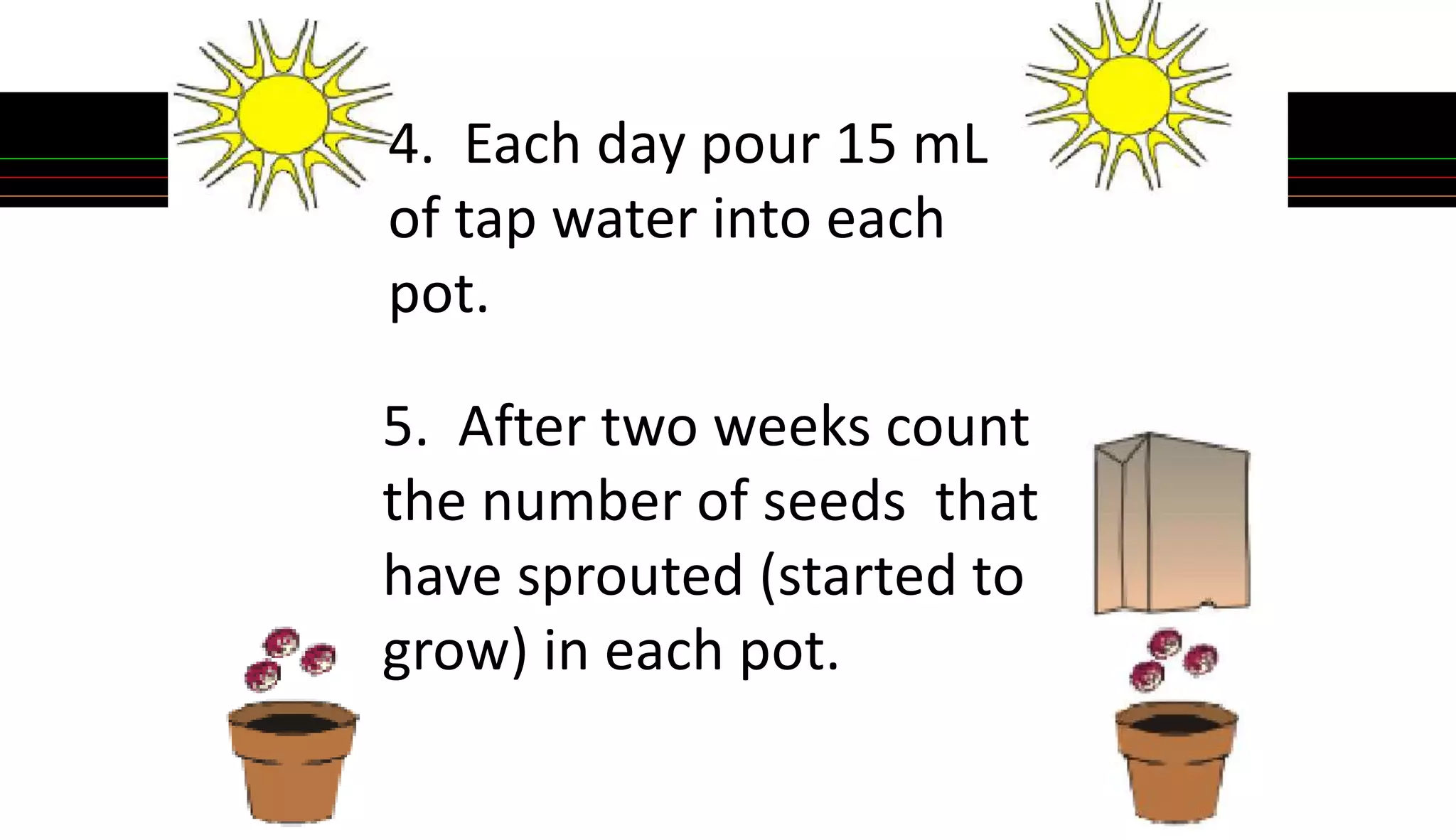 5. After two weeks count
the number of seeds that
have sprouted (started to
grow) in each pot.
4. Each day pour 15 mL
of tap water into each
pot.
 