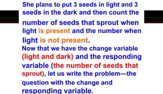 She plans to put 3 seeds in light and 3
seeds in the dark and then count the
number of seeds that sprout when
light is present and the number when
light is not present.
Now that we have the change variable
(light and dark) and the responding
variable (the number of seeds that
sprout), let us write the problem—the
question with the change and
responding variable.
 