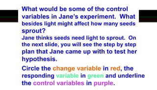 What would be some of the control
variables in Jane’s experiment. What
besides light might affect how many seeds
sprout?
Jane thinks seeds need light to sprout. On
the next slide, you will see the step by step
plan that Jane came up with to test her
hypothesis.
Circle the change variable in red, the
responding variable in green and underline
the control variables in purple.
 