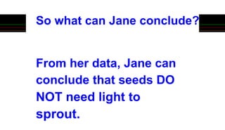 So what can Jane conclude?
From her data, Jane can
conclude that seeds DO
NOT need light to
sprout.
 
