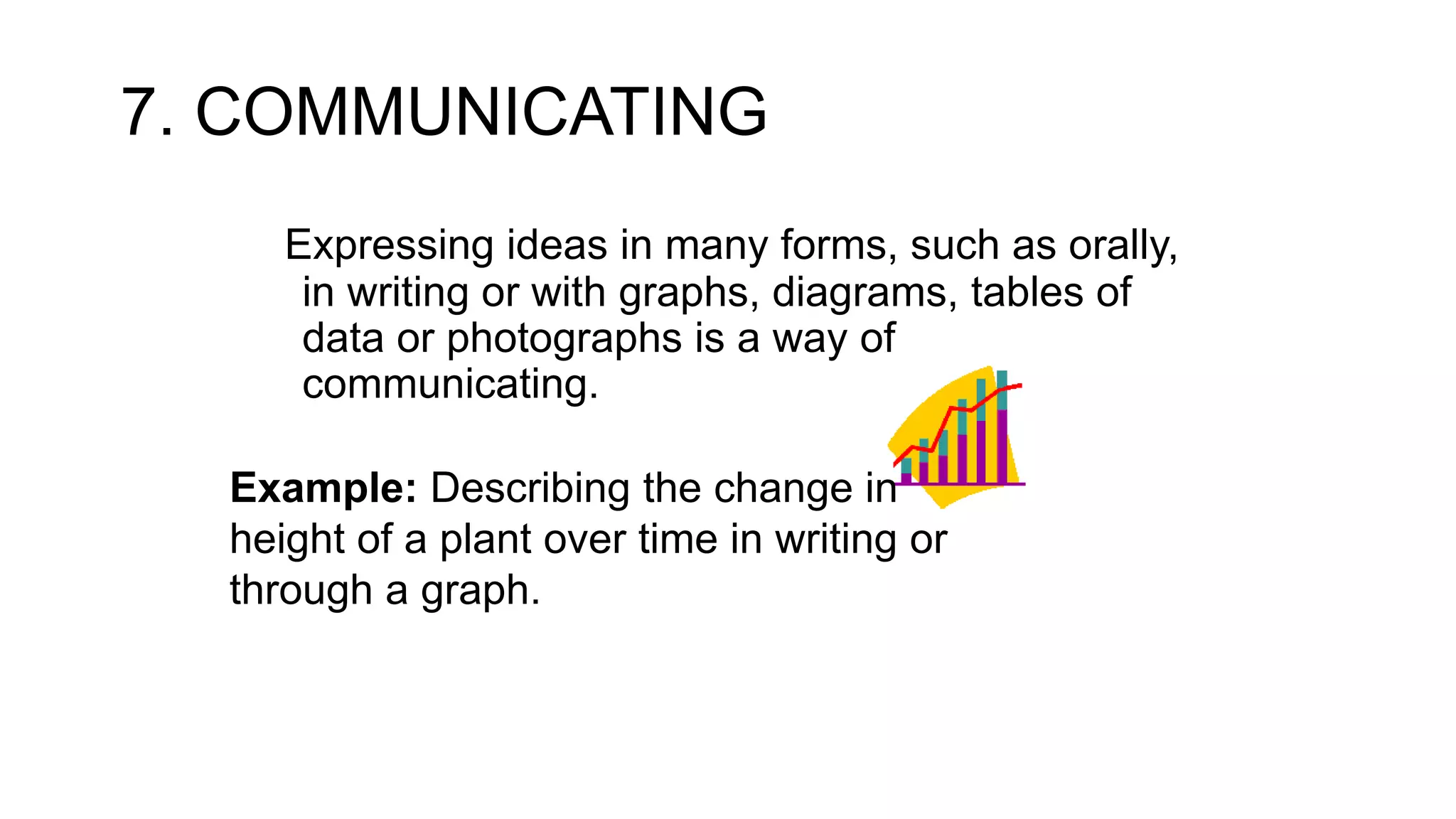 7. COMMUNICATING
Expressing ideas in many forms, such as orally,
in writing or with graphs, diagrams, tables of
data or photographs is a way of
communicating.
Example: Describing the change in
height of a plant over time in writing or
through a graph.
 
