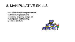 8. MANIPULATIVE SKILLS
These skills involve using equipment
and materials properly and
accurately, preparing setups for
investigation, and handling
specimen carefully.
 