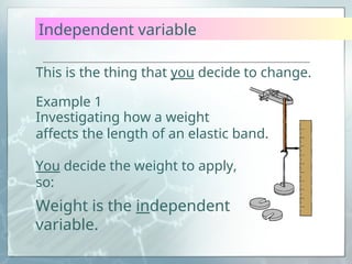 Independent variable
This is the thing that you decide to change.
Example 1
You decide the weight to apply,
so:
Weight is the independent
variable.
Investigating how a weight
affects the length of an elastic band.
 