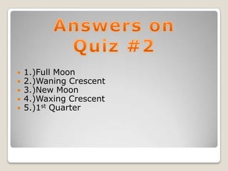    1.)Full Moon
   2.)Waning Crescent
   3.)New Moon
   4.)Waxing Crescent
   5.)1st Quarter
 