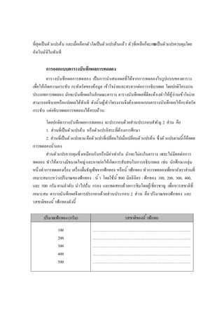 ทีสุดเป็นตัวแปรต้น และเมือเลือกตัวใดเป็นตัวแปรต้นแล้ว ตัวทีเหลือก็จะกลายเป็นตัวแปรควบคุมโดย
อัตโนมัติในทันที
การออกแบบตารางบันทึกผลการทดลอง
ตารางบันทึกผลการทดลอง เป็นการนําเสนอผลทีได้จากการทดลองในรูปแบบของตาราง
เพือให้เกิดความกระชับ กะทัดรัดของข้อมูล เข้าใจง่ายและสะดวกต่อการอธิบายผล โดยปกติโครงงาน
ประเภทการทดลอง มักจะบันทึกผลในลักษณะตาราง ตารางบันทึกผลทีดีจะต้องทําให้ผู้อ่านเข้าใจง่าย
สามารถอธิบายหรือแปลผลได้ทันที ดังนันผู้ทําโครงงานจึงต้องออกแบบตารางบันทึกผลให้กะทัดรัด
กระชับ แต่อธิบายผลการทดลองได้ครบถ้วน
โดยปกติตารางบันทึกผลการทดลอง จะประกอบด้วยส่วนประกอบสําคัญ 2 ส่วน คือ
1. ส่วนทีเป็นตัวแปรต้น หรือตัวแปรอิสระทีต้องการศึกษา
2. ส่วนทีเป็นตัวแปรตามคือตัวแปรทีเปลียนไปเมือเปลียนตัวแปรต้น ซึงตัวแปรตามนีก็คือผล
การทดลองนันเอง
ส่วนตัวแปรควบคุมซึงเหมือนกันหรือมีค่าเท่ากัน มักจะไม่ลงในตาราง เพราะไม่มีผลต่อการ
ทดลอง ทําให้ตารางมีขนาดใหญ่ และอาจก่อให้เกิดการสับสนในการอธิบายผล เช่น นักศึกษากลุ่ม
หนึงทําการทดลองเรือง เครืองดืมธัญพืชจากฟักทอง หรือนํ าฟักทอง ทําการทดลองเพือหาอัตราส่วนที
เหมาะสมระหว่างปริมาณของฟักทอง : นํ า โดยใช้นํ า500 มิลลิลิตร : ฟักทอง 100, 200, 300, 400,
และ 500 กรัม ตามลําดับ นําไปปัน กรอง และทดสอบด้วยการชิมโดยผู้เชียวชาญ เพือหารสชาติที
เหมาะสม ตารางบันทึกผลจึงควรประกอบด้วยส่วนประกอบ 2 ส่วน คือ ปริมาณของฟักทอง และ
รสชาติของนํ าฟักทองดังนี
ปริมาณฟักทอง(กรัม) รสชาติของนํ าฟักทอง
100
200
300
400
500
………………………………………………………………….
………………………………………………………………….
………………………………………………………………….
………………………………………………………………….
………………………………………………………………….
 