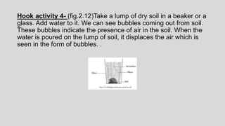 Hook activity 4- (fig.2.12)Take a lump of dry soil in a beaker or a
glass. Add water to it. We can see bubbles coming out from soil.
These bubbles indicate the presence of air in the soil. When the
water is poured on the lump of soil, it displaces the air which is
seen in the form of bubbles. .
 