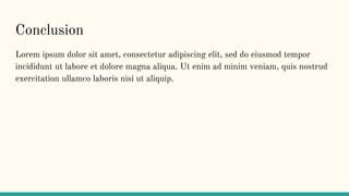 Conclusion
Lorem ipsum dolor sit amet, consectetur adipiscing elit, sed do eiusmod tempor
incididunt ut labore et dolore magna aliqua. Ut enim ad minim veniam, quis nostrud
exercitation ullamco laboris nisi ut aliquip.
 