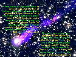 A star begins as a collapsing cloud  of material composed primarily of  hydrogen, along with helium and trace  amounts of heavier elements. Once  the stellar core is sufficiently dense,  some of the hydrogen is steadily  converted into helium through the  process of nuclear fusion.The  remainder of the star's interior  carries energy away from the core  through a combination of  radiative   and  convective  processes.   The star's internal pressure  prevents it from collapsing  further under its own gravity.  Once the hydrogen  fuel  at the  core is exhausted, those stars  having at least 0.4 times the  mass of the Sun expand to  become a  red giant , in some cases  fusing heavier  elements  at the  core or in shells around the core.   