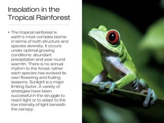 Insolation in the
Tropical Rainforest

• The tropical rainforest is
  earth’s most complex biome
  in terms of both structure and
  species diversity. It occurs
  under optimal growing
  conditions: abundant
  precipitation and year round
  warmth. There is no annual
  rhythm to the forest; rather
  each species has evolved its
  own flowering and fruiting
  seasons. Sunlight is a major
  limiting factor. A variety of
  strategies have been
  successful in the struggle to
  reach light or to adapt to the
  low intensity of light beneath
  the canopy.
 