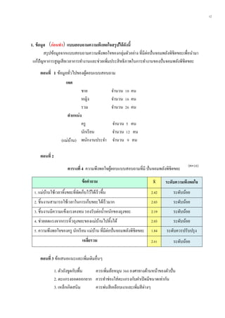 12
1. ข้อมูล (ก่อนทำ) แบบสอบถำมควำมพึงพอใจสรุปได้ดังนี้
สรุปข้อมูลจากแบบสอบถามความพึงพอใจของกลุ่มตัวอย่าง ที่มีต่อปั่นจอมพลังพิชิตขยะเพื่อนามา
แก้ปัญหาการสูญเสียเวลาการทางานและช่วยเพิ่มประสิทธิภาพในการทางานของปั่นจอมพลังพิชิตขยะ
ตอนที่ 1 ข้อมูลทั่วไปของผู้ตอบแบบสอบถาม
เพศ
ชาย จานวน 10 คน
หญิง จานวน 16 คน
รวม จานวน 26 คน
ตำแหน่ง
ครู จานวน 5 คน
นักเรียน จานวน 12 คน
พนักงานประจา จานวน 9 คน
ตอนที่ 2
ตำรำงที่ 4 ความพึงพอใจผู้ตอบแบบสอบถามที่มี ปั่นจอมพลังพิชิตขยะ
ข้อคำถำม x̄ ระดับควำมพึงพอใจ
1. แม่บ้านใช้เวลาทิ้งขยะที่จัดเก็บไว้ได้เร็วขึ้น 2.42 ระดับน้อย
2. ชิ้นงานสามารถใช้เวลาในการเก็บขยะได้เร็วมาก 2.03 ระดับน้อย
3. ชิ้นงานมีความแข็งแรงคงทน รองรับต่อน้าหนักของถุงขยะ 2.19 ระดับน้อย
4. ช่วยลดแรงจากการหิ้วถุงขยะของแม่บ้านไปทิ้งได้ 2.03 ระดับน้อย
5. ความพึงพอใจของครู นักเรียน แม่บ้าน ที่มีต่อปั่นจอมพลังพิชิตขยะ 1.84 ระดับควรปรับปรุง
เฉลี่ยรวม 2.01 ระดับน้อย
ตอนที่ 3 ข้อเสนอแนะและเพิ่มเติมอื่นๆ
1. ตัวถังขูดกับพื้น ควรเพิ่มล้อหมุน 360 องศาทางด้านหน้าของตัวปั่น
2. ตะแกรงถอดออกยาก ควรทาช่องใส่ตะแกรงกับฝาเปิดมีขนาดเท่ากัน
3. เหล็กเกิดสนิม ควรพ่นสีเคลือบเงาและเพิ่มสีต่างๆ
(n=38)
(แม่บ้าน)
 