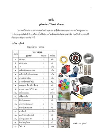 6
บทที่ 3
อุปกรณ์และวิธีกำรดำเนินกำร
โครงการนี้เป็นโครงการเชิงคุณภาพ โดยมีวัตถุประสงค์เพื่อศึกษาหาแนวทางในการแก้ไขปัญหาขยะใน
โรงเรียนอนุบาลสิงห์บุรี ประสบปัญหาพื้นที่จัดเก็บขยะไม่เพียงพอต่อปริมาณขยะมากขึ้น โดยผู้จัดทาโครงการได้
เก็บรวบรวมข้อมูลตามลาดับ ดังนี้
3.1 วัสดุ / อุปกรณ์
ตำรำงที่ 1 วัสดุ / อุปกรณ์
ลำดับ
วัสดุ / อุปกรณ์
อุปกรณ์ จำนวน หน่วย
1. จักรยาน 1 คัน
2. ล้อจักรยาน 2 ล้อ
3. โซ่ 1 เส้น
4. เหล็กกล้ากลม 60 เมตร 2 เส้น
5. เหล็กกล้าสี่เหลี่ยม 60 เมตร 2 เส้น
6. สังกะสีแผ่นเรียบ 2 แผ่น
7. ลวดเหล็กกล้าไร้สนิม 1 Kg.
8. เสตอรถ หน้า- หลัง (เฟือง) 2 อัน
9. ถุงขยะ ขนาด 30”  40” 1 แผก
10. เครื่องตัดเหล็ก 1 เครื่อง
11. ตู้เชื่อมเหล็ก 1 ตู้
12. มือจับสแตนเลส 1 อัน
13. สกรูน๊อตสแตนเลส 2 ชุด
14. บานพับสแตนเลส 2 ชุด
15. กระป๋ องสี 2 กระป๋ อง
16. ตะกร้าอเนกประสงค์ 1 อัน
17. ล้อหมุน 360 องศา 1 คู่
18. คีมย้าตะปูรีเวท 1 ตัว
19. ไม้กวาด 2 แถว
ภำพที่ 1 วัสดุ อุปกรณ์
 