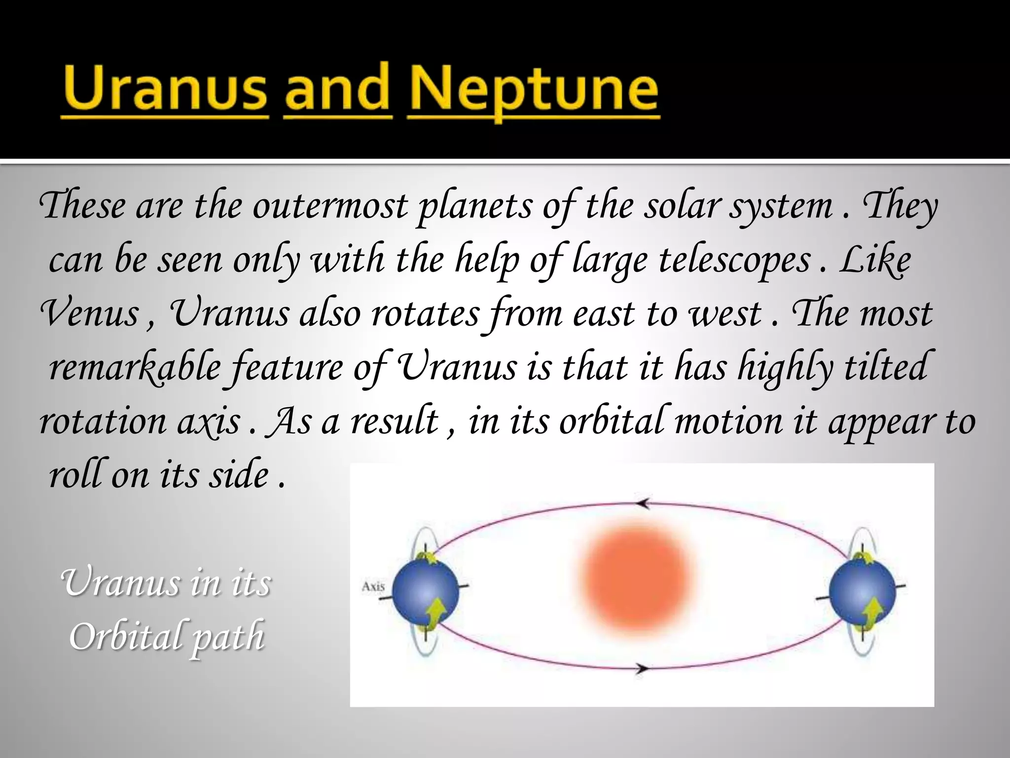 These are the outermost planets of the solar system . They
can be seen only with the help of large telescopes . Like
Venus , Uranus also rotates from east to west . The most
remarkable feature of Uranus is that it has highly tilted
rotation axis . As a result , in its orbital motion it appear to
roll on its side .
Uranus in its
Orbital path
 