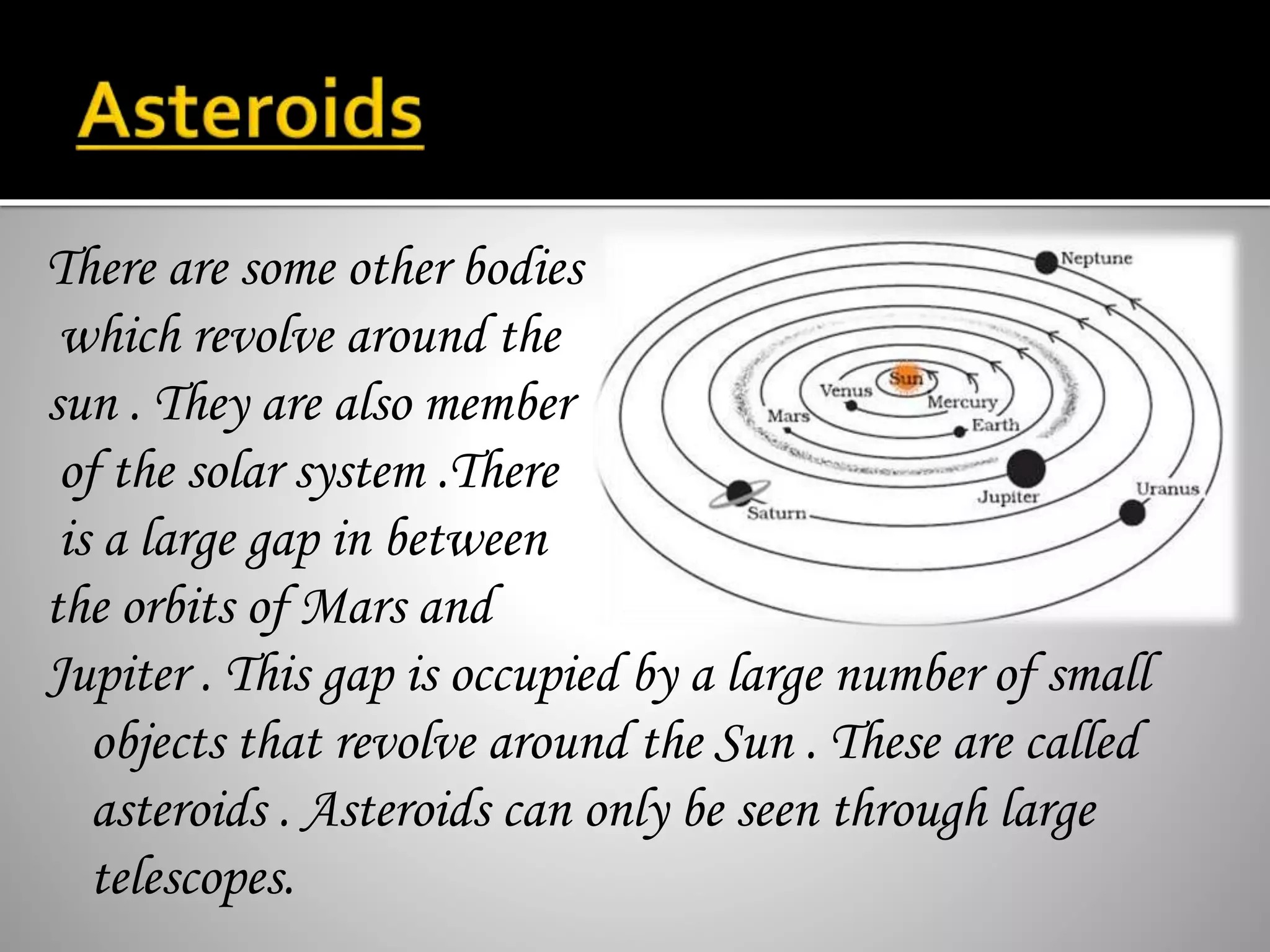 There are some other bodies
which revolve around the
sun . They are also member
of the solar system .There
is a large gap in between
the orbits of Mars and
Jupiter . This gap is occupied by a large number of small
objects that revolve around the Sun . These are called
asteroids . Asteroids can only be seen through large
telescopes.
 