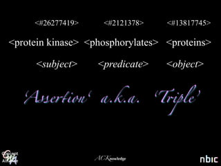 <#26277419>      <#2121378>     <#13817745>

<protein kinase> <phosphorylates> <proteins>

      <subject>     <predicate>      <object>


  ‘Asse+ion‘        a.k.a.         ‘T,ple’




                   ACKnowledge
 