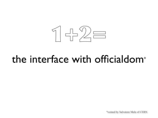 1+2=
the interface with ofﬁcialdom                     *




                    *coined by Salvatore Mele of CERN
 