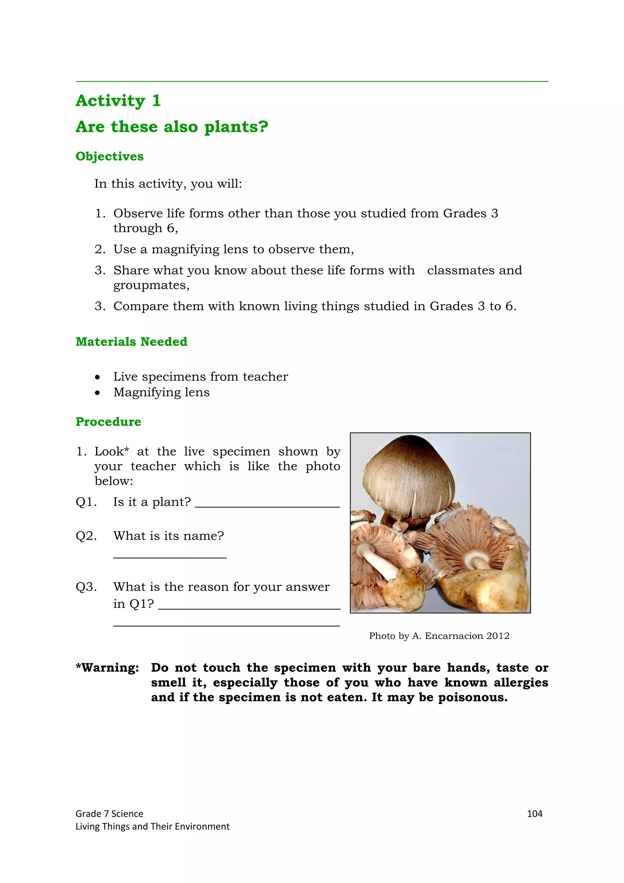 Grade 7 Science 104
Living Things and Their Environment
Activity 1
Are these also plants?
Objectives
In this activity, you will:
1. Observe life forms other than those you studied from Grades 3
through 6,
2. Use a magnifying lens to observe them,
3. Share what you know about these life forms with classmates and
groupmates,
3. Compare them with known living things studied in Grades 3 to 6.
Materials Needed
Live specimens from teacher
Magnifying lens
Procedure
1. Look* at the live specimen shown by
your teacher which is like the photo
below:
Q1. Is it a plant? _______________________
Q2. What is its name?
__________________
Q3. What is the reason for your answer
in Q1? _____________________________
____________________________________
Photo by A. Encarnacion 2012
*Warning: Do not touch the specimen with your bare hands, taste or
smell it, especially those of you who have known allergies
and if the specimen is not eaten. It may be poisonous.
 