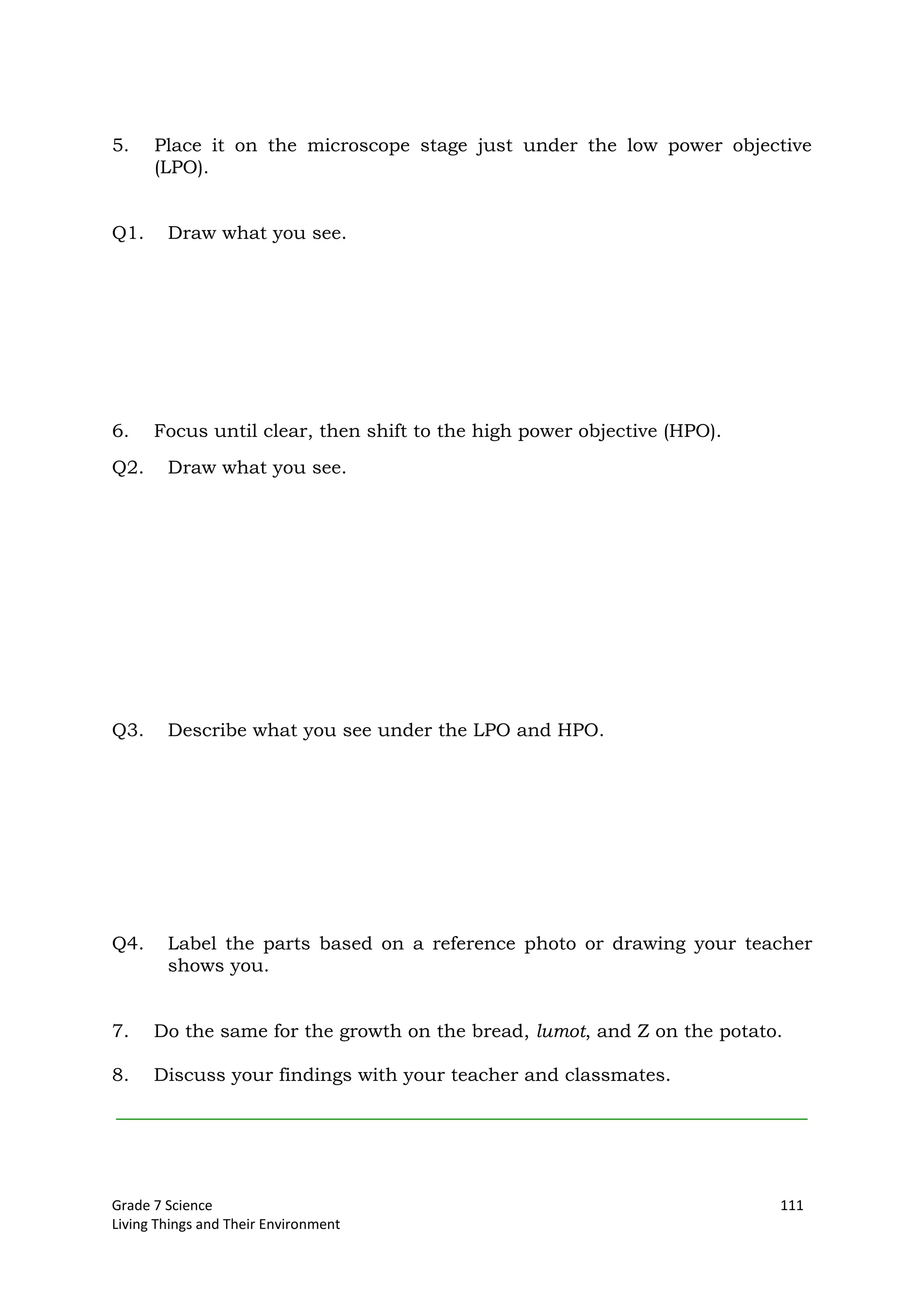Grade 7 Science 111
Living Things and Their Environment
5. Place it on the microscope stage just under the low power objective
(LPO).
Q1. Draw what you see.
6. Focus until clear, then shift to the high power objective (HPO).
Q2. Draw what you see.
Q3. Describe what you see under the LPO and HPO.
Q4. Label the parts based on a reference photo or drawing your teacher
shows you.
7. Do the same for the growth on the bread, lumot, and Z on the potato.
8. Discuss your findings with your teacher and classmates.
 