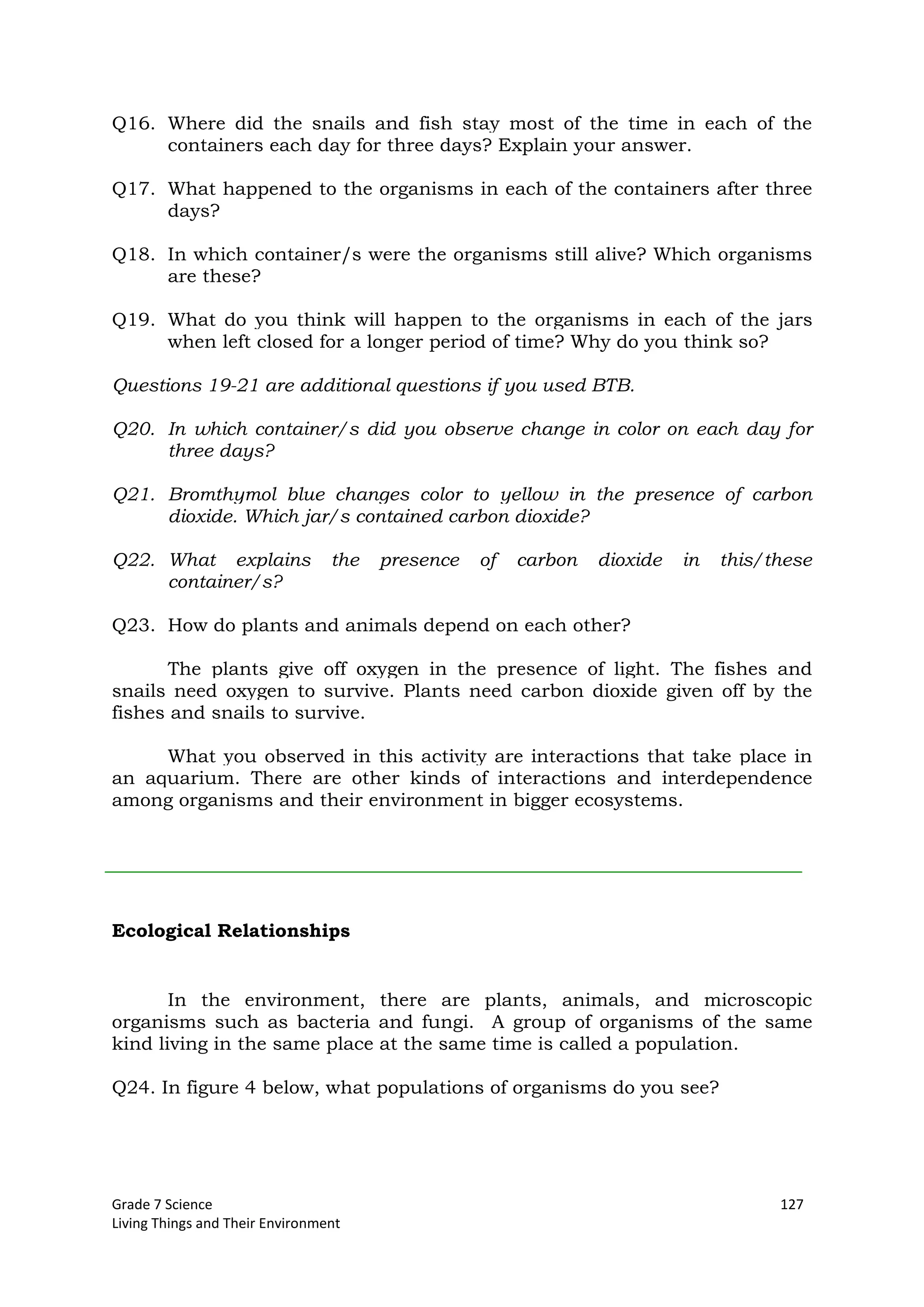 Grade 7 Science 127
Living Things and Their Environment
Q16. Where did the snails and fish stay most of the time in each of the
containers each day for three days? Explain your answer.
Q17. What happened to the organisms in each of the containers after three
days?
Q18. In which container/s were the organisms still alive? Which organisms
are these?
Q19. What do you think will happen to the organisms in each of the jars
when left closed for a longer period of time? Why do you think so?
Questions 19-21 are additional questions if you used BTB.
Q20. In which container/s did you observe change in color on each day for
three days?
Q21. Bromthymol blue changes color to yellow in the presence of carbon
dioxide. Which jar/s contained carbon dioxide?
Q22. What explains the presence of carbon dioxide in this/these
container/s?
Q23. How do plants and animals depend on each other?
The plants give off oxygen in the presence of light. The fishes and
snails need oxygen to survive. Plants need carbon dioxide given off by the
fishes and snails to survive.
What you observed in this activity are interactions that take place in
an aquarium. There are other kinds of interactions and interdependence
among organisms and their environment in bigger ecosystems.
Ecological Relationships
In the environment, there are plants, animals, and microscopic
organisms such as bacteria and fungi. A group of organisms of the same
kind living in the same place at the same time is called a population.
Q24. In figure 4 below, what populations of organisms do you see?
 