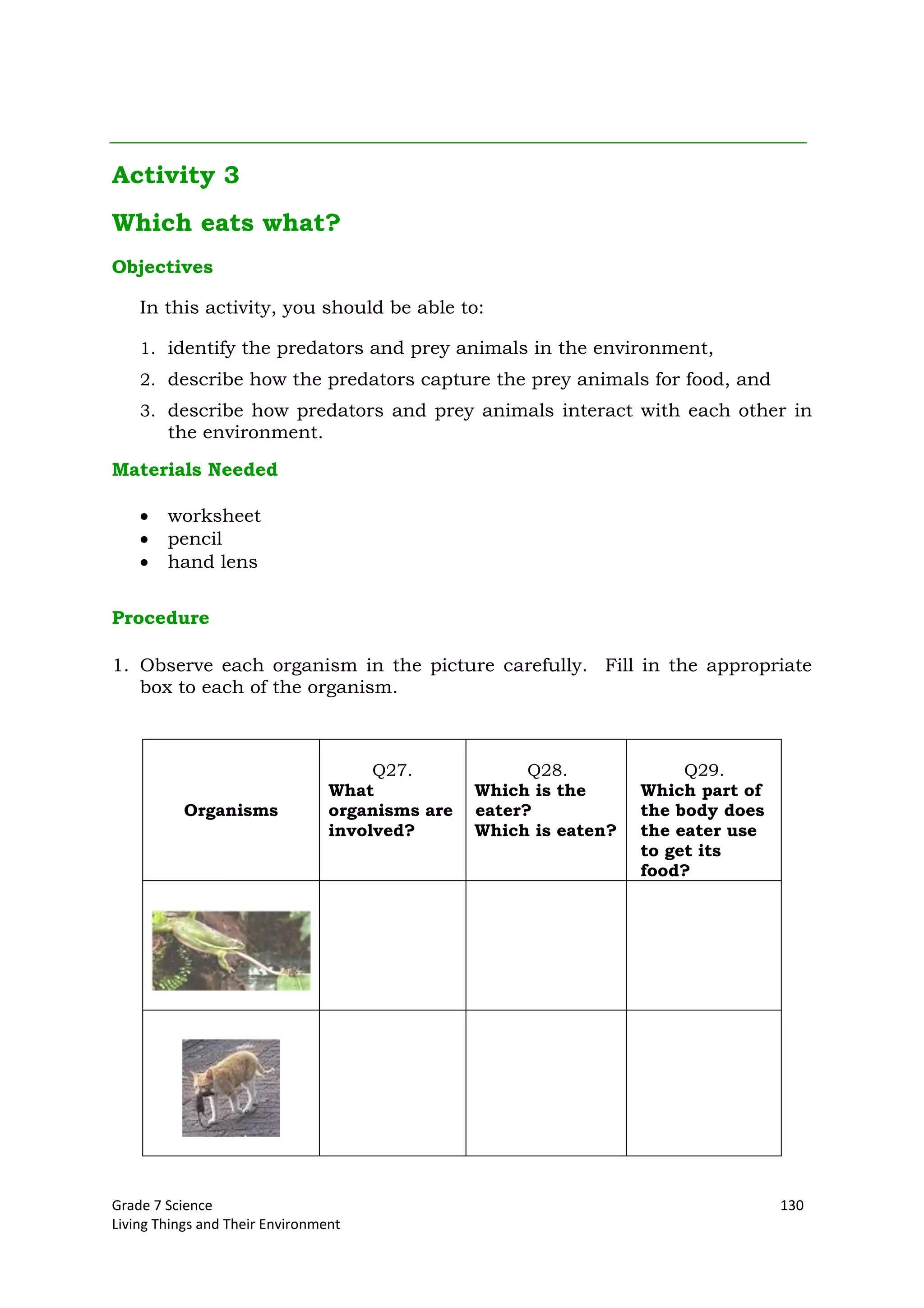 Grade 7 Science 130
Living Things and Their Environment
Activity 3
Which eats what?
Objectives
In this activity, you should be able to:
1. identify the predators and prey animals in the environment,
2. describe how the predators capture the prey animals for food, and
3. describe how predators and prey animals interact with each other in
the environment.
Materials Needed
worksheet
pencil
hand lens
Procedure
1. Observe each organism in the picture carefully. Fill in the appropriate
box to each of the organism.
Organisms
Q27.
What
organisms are
involved?
Q28.
Which is the
eater?
Which is eaten?
Q29.
Which part of
the body does
the eater use
to get its
food?
 
