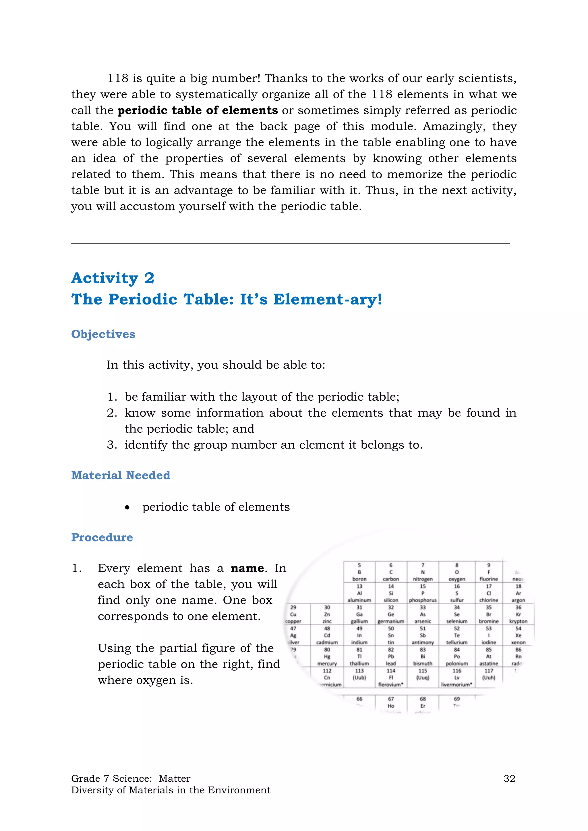 Grade 7 Science: Matter 32
Diversity of Materials in the Environment
118 is quite a big number! Thanks to the works of our early scientists,
they were able to systematically organize all of the 118 elements in what we
call the periodic table of elements or sometimes simply referred as periodic
table. You will find one at the back page of this module. Amazingly, they
were able to logically arrange the elements in the table enabling one to have
an idea of the properties of several elements by knowing other elements
related to them. This means that there is no need to memorize the periodic
table but it is an advantage to be familiar with it. Thus, in the next activity,
you will accustom yourself with the periodic table.
__________________________________________________________________________
Activity 2
The Periodic Table: It’s Element-ary!
Objectives
In this activity, you should be able to:
1. be familiar with the layout of the periodic table;
2. know some information about the elements that may be found in
the periodic table; and
3. identify the group number an element it belongs to.
Material Needed
 periodic table of elements
Procedure
1. Every element has a name. In
each box of the table, you will
find only one name. One box
corresponds to one element.
Using the partial figure of the
periodic table on the right, find
where oxygen is.
 