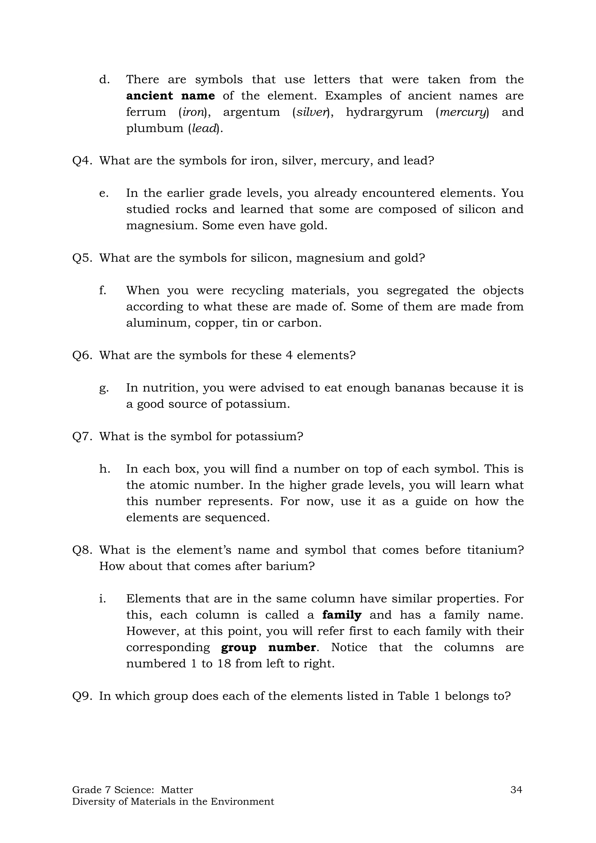 Grade 7 Science: Matter 34
Diversity of Materials in the Environment
d. There are symbols that use letters that were taken from the
ancient name of the element. Examples of ancient names are
ferrum (iron), argentum (silver), hydrargyrum (mercury) and
plumbum (lead).
Q4. What are the symbols for iron, silver, mercury, and lead?
e. In the earlier grade levels, you already encountered elements. You
studied rocks and learned that some are composed of silicon and
magnesium. Some even have gold.
Q5. What are the symbols for silicon, magnesium and gold?
f. When you were recycling materials, you segregated the objects
according to what these are made of. Some of them are made from
aluminum, copper, tin or carbon.
Q6. What are the symbols for these 4 elements?
g. In nutrition, you were advised to eat enough bananas because it is
a good source of potassium.
Q7. What is the symbol for potassium?
h. In each box, you will find a number on top of each symbol. This is
the atomic number. In the higher grade levels, you will learn what
this number represents. For now, use it as a guide on how the
elements are sequenced.
Q8. What is the element’s name and symbol that comes before titanium?
How about that comes after barium?
i. Elements that are in the same column have similar properties. For
this, each column is called a family and has a family name.
However, at this point, you will refer first to each family with their
corresponding group number. Notice that the columns are
numbered 1 to 18 from left to right.
Q9. In which group does each of the elements listed in Table 1 belongs to?
 