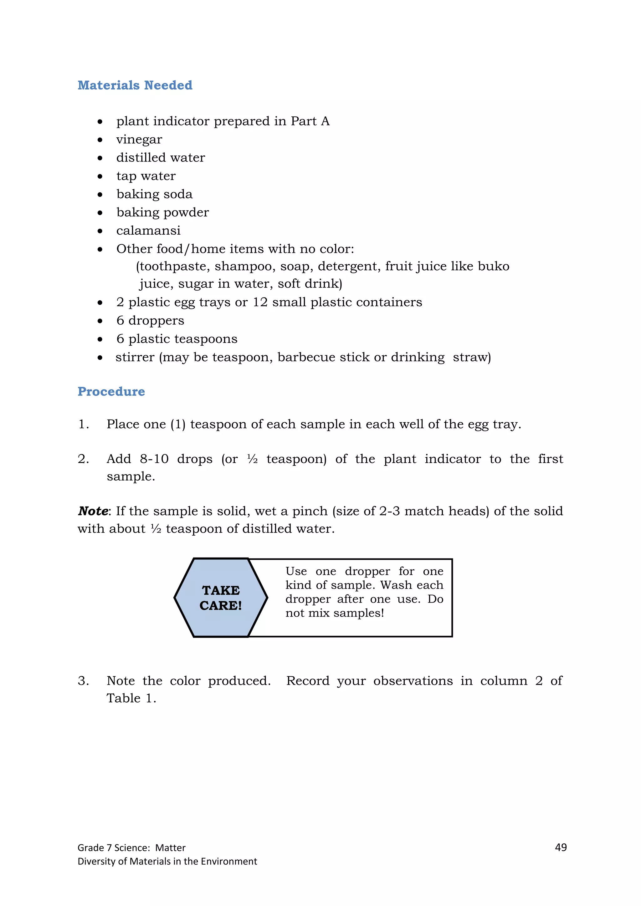 Grade 7 Science: Matter 49
Diversity of Materials in the Environment
Use one dropper for one
kind of sample. Wash each
dropper after one use. Do
not mix samples!
TAKE
CARE!
Materials Needed
 plant indicator prepared in Part A
 vinegar
 distilled water
 tap water
 baking soda
 baking powder
 calamansi
 Other food/home items with no color:
(toothpaste, shampoo, soap, detergent, fruit juice like buko
juice, sugar in water, soft drink)
 2 plastic egg trays or 12 small plastic containers
 6 droppers
 6 plastic teaspoons
 stirrer (may be teaspoon, barbecue stick or drinking straw)
Procedure
1. Place one (1) teaspoon of each sample in each well of the egg tray.
2. Add 8-10 drops (or ½ teaspoon) of the plant indicator to the first
sample.
Note: If the sample is solid, wet a pinch (size of 2-3 match heads) of the solid
with about ½ teaspoon of distilled water.
3. Note the color produced. Record your observations in column 2 of
Table 1.
 