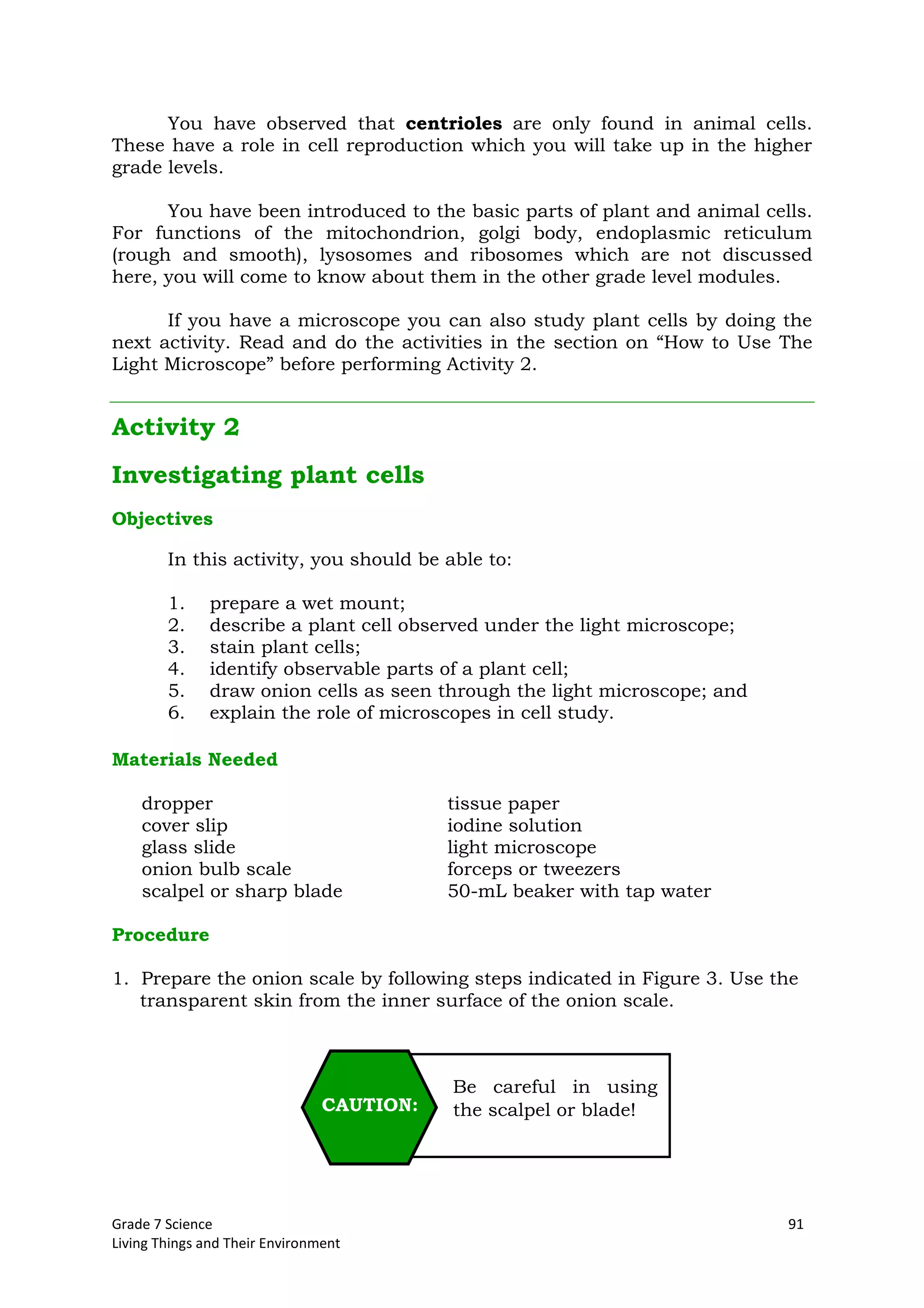 Grade 7 Science 91
Living Things and Their Environment
You have observed that centrioles are only found in animal cells.
These have a role in cell reproduction which you will take up in the higher
grade levels.
You have been introduced to the basic parts of plant and animal cells.
For functions of the mitochondrion, golgi body, endoplasmic reticulum
(rough and smooth), lysosomes and ribosomes which are not discussed
here, you will come to know about them in the other grade level modules.
If you have a microscope you can also study plant cells by doing the
next activity. Read and do the activities in the section on “How to Use The
Light Microscope” before performing Activity 2.
Activity 2
Investigating plant cells
Objectives
In this activity, you should be able to:
1. prepare a wet mount;
2. describe a plant cell observed under the light microscope;
3. stain plant cells;
4. identify observable parts of a plant cell;
5. draw onion cells as seen through the light microscope; and
6. explain the role of microscopes in cell study.
Materials Needed
dropper tissue paper
cover slip iodine solution
glass slide light microscope
onion bulb scale forceps or tweezers
scalpel or sharp blade 50-mL beaker with tap water
Procedure
1. Prepare the onion scale by following steps indicated in Figure 3. Use the
transparent skin from the inner surface of the onion scale.
Be careful in using
the scalpel or blade!CAUTION:
 