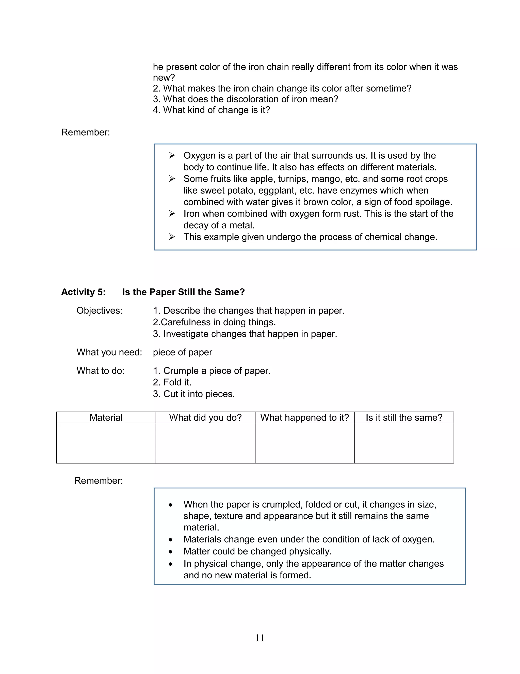 he present color of the iron chain really different from its color when it was
new?
2. What makes the iron chain change its color after sometime?
3. What does the discoloration of iron mean?
4. What kind of change is it?
Remember:
 Oxygen is a part of the air that surrounds us. It is used by the
body to continue life. It also has effects on different materials.
 Some fruits like apple, turnips, mango, etc. and some root crops
like sweet potato, eggplant, etc. have enzymes which when
combined with water gives it brown color, a sign of food spoilage.
 Iron when combined with oxygen form rust. This is the start of the
decay of a metal.
 This example given undergo the process of chemical change.
Activity 5: Is the Paper Still the Same?
Objectives: 1. Describe the changes that happen in paper.
2.Carefulness in doing things.
3. Investigate changes that happen in paper.
What you need: piece of paper
What to do: 1. Crumple a piece of paper.
2. Fold it.
3. Cut it into pieces.
Material What did you do? What happened to it? Is it still the same?
Remember:
 When the paper is crumpled, folded or cut, it changes in size,
shape, texture and appearance but it still remains the same
material.
 Materials change even under the condition of lack of oxygen.
 Matter could be changed physically.
 In physical change, only the appearance of the matter changes
and no new material is formed.
11
 