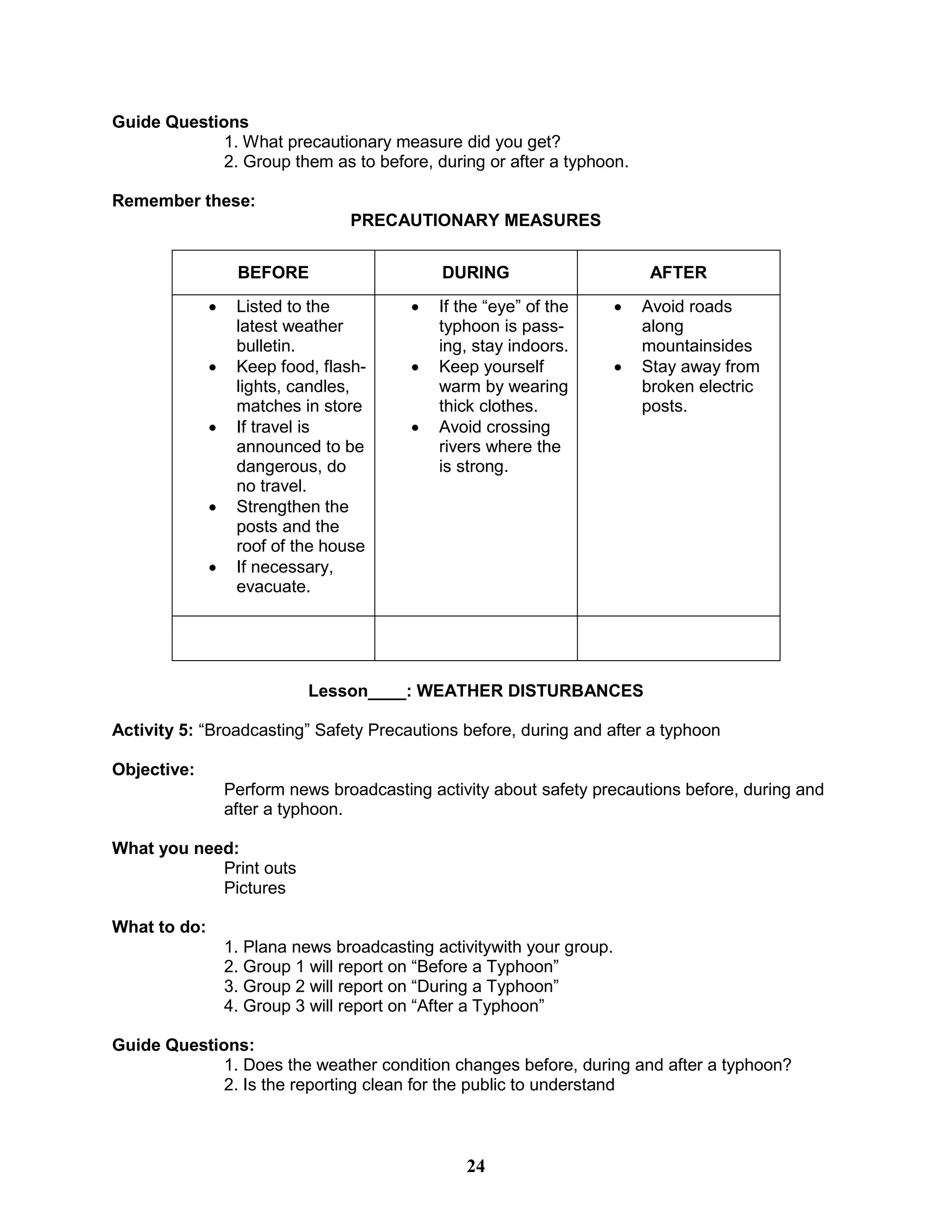Guide Questions
1. What precautionary measure did you get?
2. Group them as to before, during or after a typhoon.
Remember these:
PRECAUTIONARY MEASURES
BEFORE DURING AFTER
 Listed to the
latest weather
bulletin.
 Keep food, flash-
lights, candles,
matches in store
 If travel is
announced to be
dangerous, do
no travel.
 Strengthen the
posts and the
roof of the house
 If necessary,
evacuate.
 If the “eye” of the
typhoon is pass-
ing, stay indoors.
 Keep yourself
warm by wearing
thick clothes.
 Avoid crossing
rivers where the
is strong.
 Avoid roads
along
mountainsides
 Stay away from
broken electric
posts.
Lesson____: WEATHER DISTURBANCES
Activity 5: “Broadcasting” Safety Precautions before, during and after a typhoon
Objective:
Perform news broadcasting activity about safety precautions before, during and
after a typhoon.
What you need:
Print outs
Pictures
What to do:
1. Plana news broadcasting activitywith your group.
2. Group 1 will report on “Before a Typhoon”
3. Group 2 will report on “During a Typhoon”
4. Group 3 will report on “After a Typhoon”
Guide Questions:
1. Does the weather condition changes before, during and after a typhoon?
2. Is the reporting clean for the public to understand
24
 