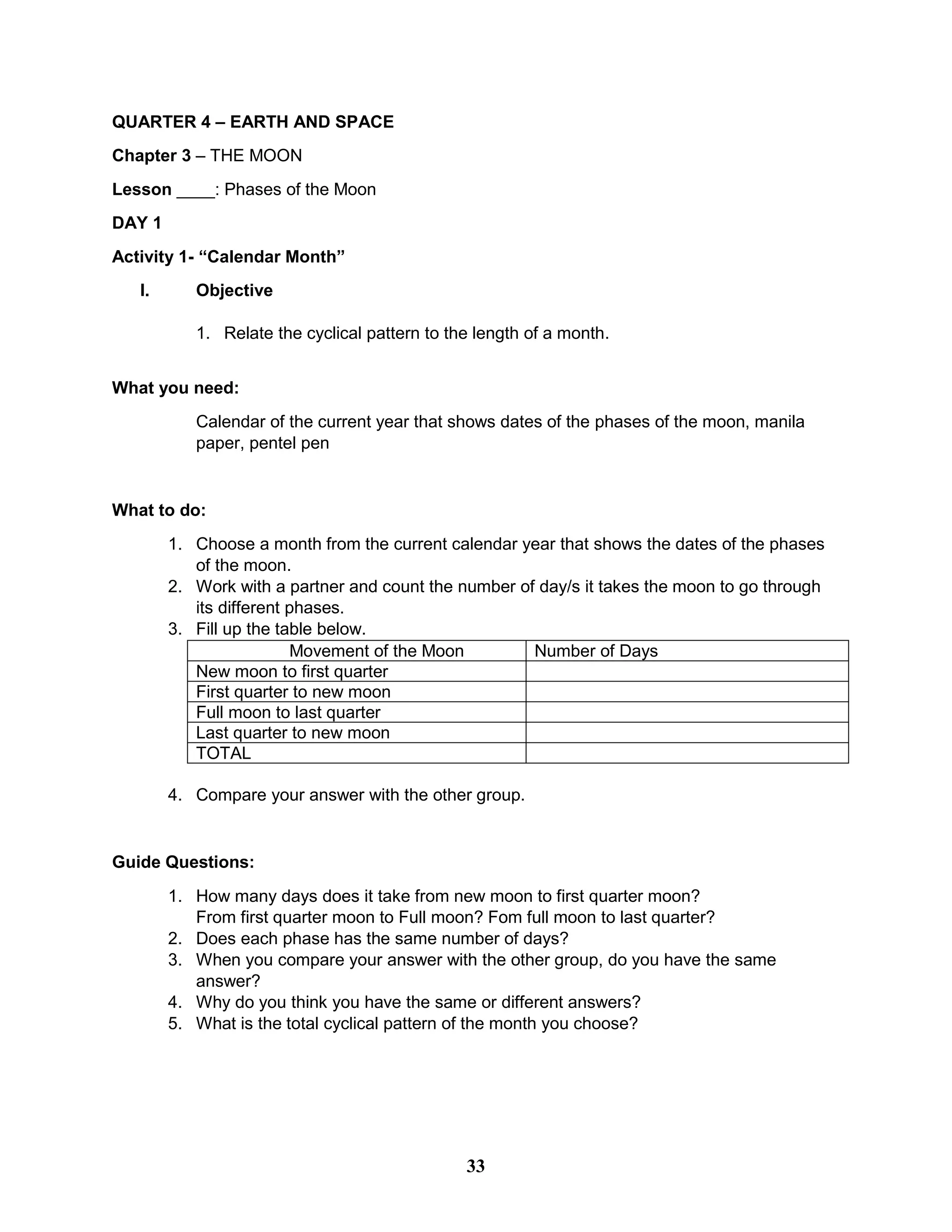 QUARTER 4 – EARTH AND SPACE
Chapter 3 – THE MOON
Lesson ____: Phases of the Moon
DAY 1
Activity 1- “Calendar Month”
I. Objective
1. Relate the cyclical pattern to the length of a month.
What you need:
Calendar of the current year that shows dates of the phases of the moon, manila
paper, pentel pen
What to do:
1. Choose a month from the current calendar year that shows the dates of the phases
of the moon.
2. Work with a partner and count the number of day/s it takes the moon to go through
its different phases.
3. Fill up the table below.
Movement of the Moon Number of Days
New moon to first quarter
First quarter to new moon
Full moon to last quarter
Last quarter to new moon
TOTAL
4. Compare your answer with the other group.
Guide Questions:
1. How many days does it take from new moon to first quarter moon?
From first quarter moon to Full moon? Fom full moon to last quarter?
2. Does each phase has the same number of days?
3. When you compare your answer with the other group, do you have the same
answer?
4. Why do you think you have the same or different answers?
5. What is the total cyclical pattern of the month you choose?
33
 