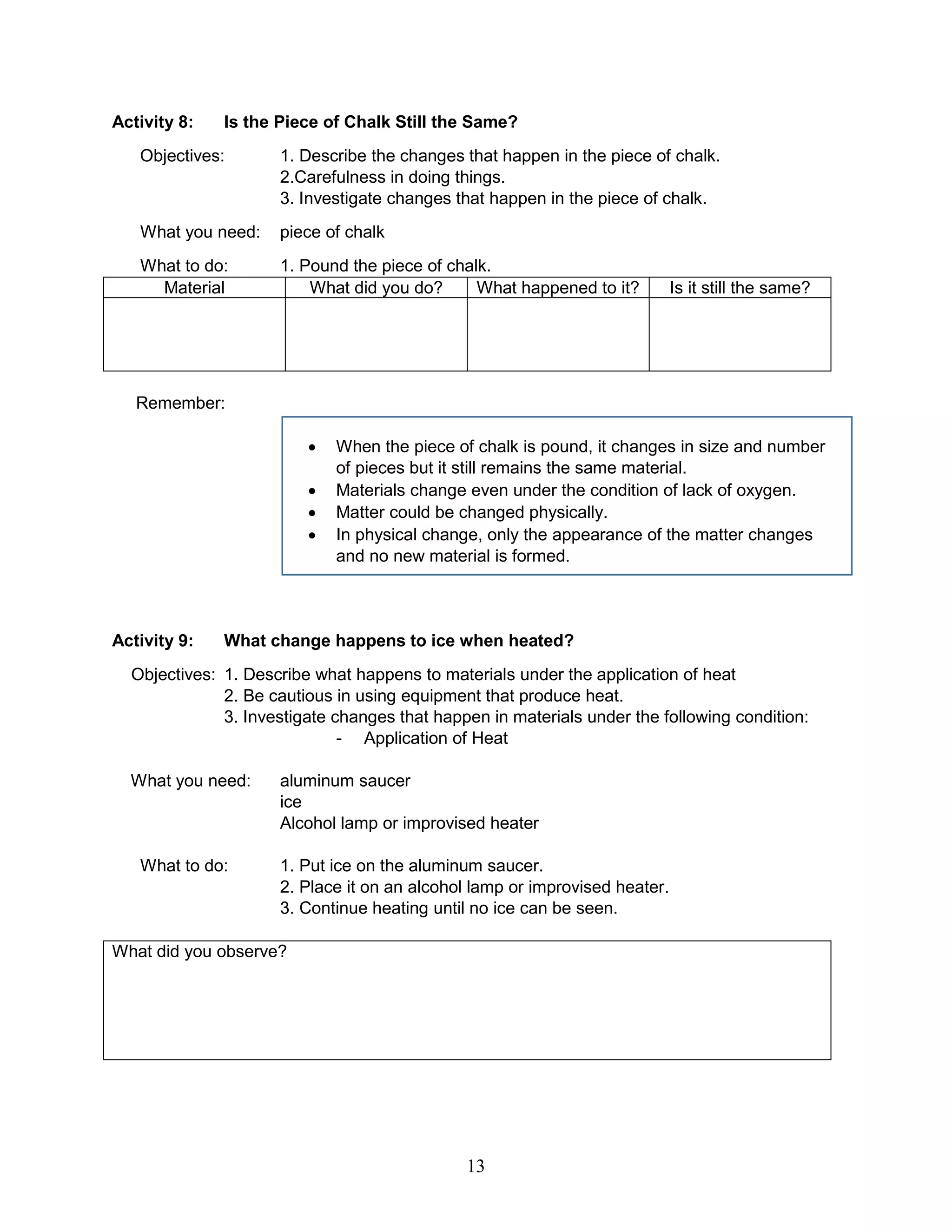 Activity 8: Is the Piece of Chalk Still the Same?
Objectives: 1. Describe the changes that happen in the piece of chalk.
2.Carefulness in doing things.
3. Investigate changes that happen in the piece of chalk.
What you need: piece of chalk
What to do: 1. Pound the piece of chalk.
Material What did you do? What happened to it? Is it still the same?
Remember:
 When the piece of chalk is pound, it changes in size and number
of pieces but it still remains the same material.
 Materials change even under the condition of lack of oxygen.
 Matter could be changed physically.
 In physical change, only the appearance of the matter changes
and no new material is formed.
Activity 9: What change happens to ice when heated?
Objectives: 1. Describe what happens to materials under the application of heat
2. Be cautious in using equipment that produce heat.
3. Investigate changes that happen in materials under the following condition:
- Application of Heat
What you need: aluminum saucer
ice
Alcohol lamp or improvised heater
What to do: 1. Put ice on the aluminum saucer.
2. Place it on an alcohol lamp or improvised heater.
3. Continue heating until no ice can be seen.
What did you observe?
13
 