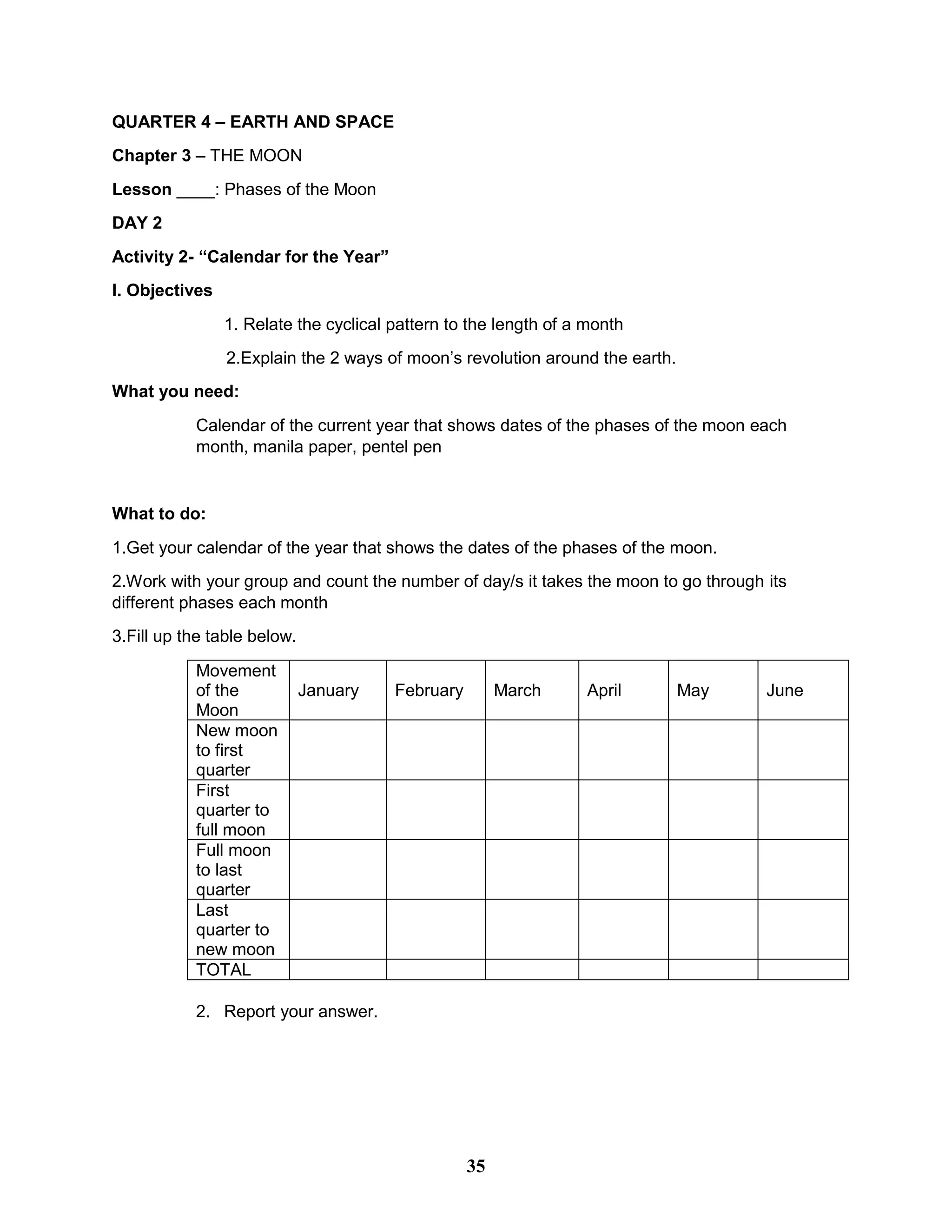 QUARTER 4 – EARTH AND SPACE
Chapter 3 – THE MOON
Lesson ____: Phases of the Moon
DAY 2
Activity 2- “Calendar for the Year”
I. Objectives
1. Relate the cyclical pattern to the length of a month
2.Explain the 2 ways of moon’s revolution around the earth.
What you need:
Calendar of the current year that shows dates of the phases of the moon each
month, manila paper, pentel pen
What to do:
1.Get your calendar of the year that shows the dates of the phases of the moon.
2.Work with your group and count the number of day/s it takes the moon to go through its
different phases each month
3.Fill up the table below.
Movement
of the
Moon
January February March April May June
New moon
to first
quarter
First
quarter to
full moon
Full moon
to last
quarter
Last
quarter to
new moon
TOTAL
2. Report your answer.
35
 