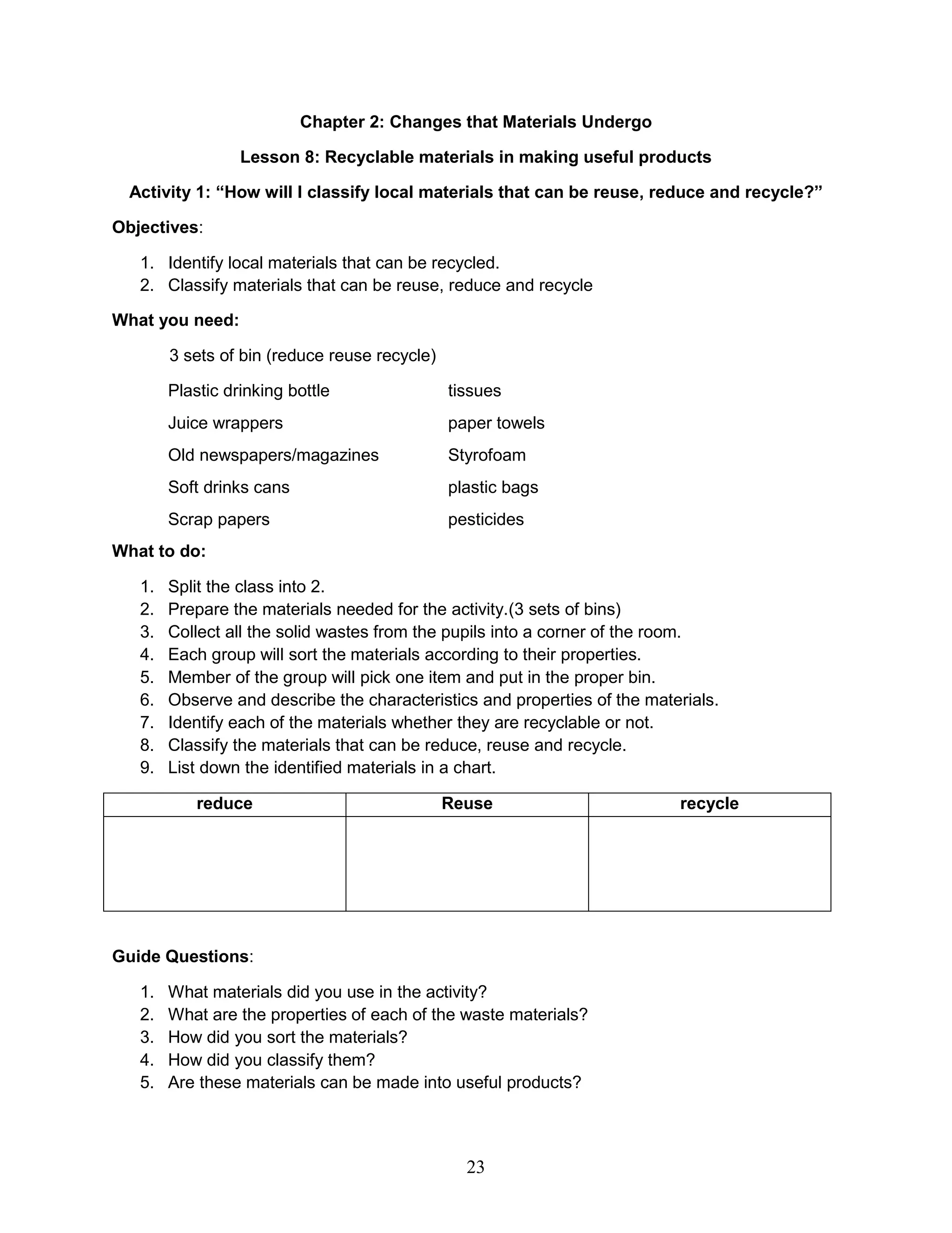 Chapter 2: Changes that Materials Undergo
Lesson 8: Recyclable materials in making useful products
Activity 1: “How will I classify local materials that can be reuse, reduce and recycle?”
Objectives:
1. Identify local materials that can be recycled.
2. Classify materials that can be reuse, reduce and recycle
What you need:
3 sets of bin (reduce reuse recycle)
Plastic drinking bottle tissues
Juice wrappers paper towels
Old newspapers/magazines Styrofoam
Soft drinks cans plastic bags
Scrap papers pesticides
What to do:
1. Split the class into 2.
2. Prepare the materials needed for the activity.(3 sets of bins)
3. Collect all the solid wastes from the pupils into a corner of the room.
4. Each group will sort the materials according to their properties.
5. Member of the group will pick one item and put in the proper bin.
6. Observe and describe the characteristics and properties of the materials.
7. Identify each of the materials whether they are recyclable or not.
8. Classify the materials that can be reduce, reuse and recycle.
9. List down the identified materials in a chart.
reduce Reuse recycle
Guide Questions:
1. What materials did you use in the activity?
2. What are the properties of each of the waste materials?
3. How did you sort the materials?
4. How did you classify them?
5. Are these materials can be made into useful products?
23
 