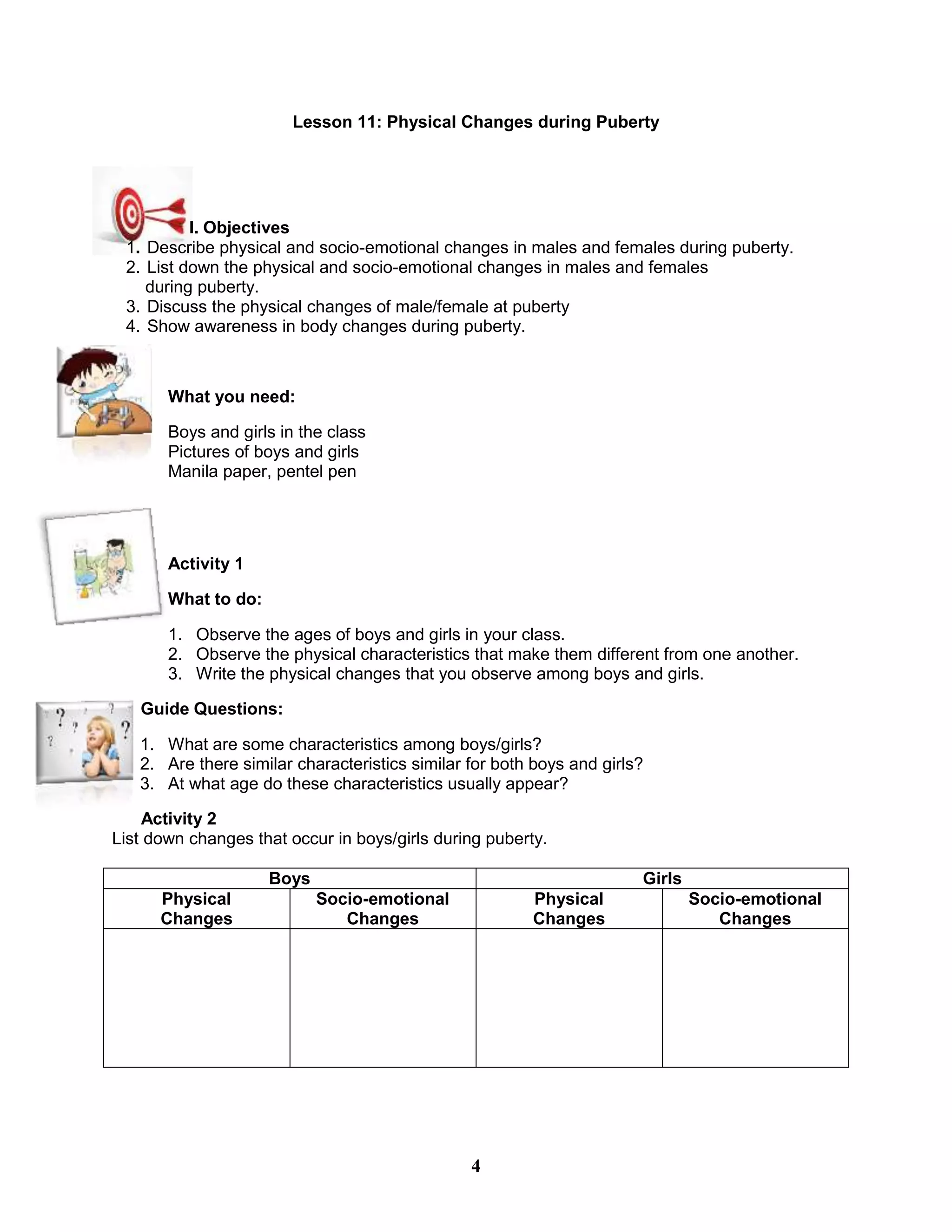 Lesson 11: Physical Changes during Puberty
I. Objectives
1. Describe physical and socio-emotional changes in males and females during puberty.
2. List down the physical and socio-emotional changes in males and females
during puberty.
3. Discuss the physical changes of male/female at puberty
4. Show awareness in body changes during puberty.
What you need:
Boys and girls in the class
Pictures of boys and girls
Manila paper, pentel pen
Activity 1
What to do:
1. Observe the ages of boys and girls in your class.
2. Observe the physical characteristics that make them different from one another.
3. Write the physical changes that you observe among boys and girls.
Guide Questions:
1. What are some characteristics among boys/girls?
2. Are there similar characteristics similar for both boys and girls?
3. At what age do these characteristics usually appear?
Activity 2
List down changes that occur in boys/girls during puberty.
Boys Girls
Physical
Changes
Socio-emotional
Changes
Physical
Changes
Socio-emotional
Changes
4
 