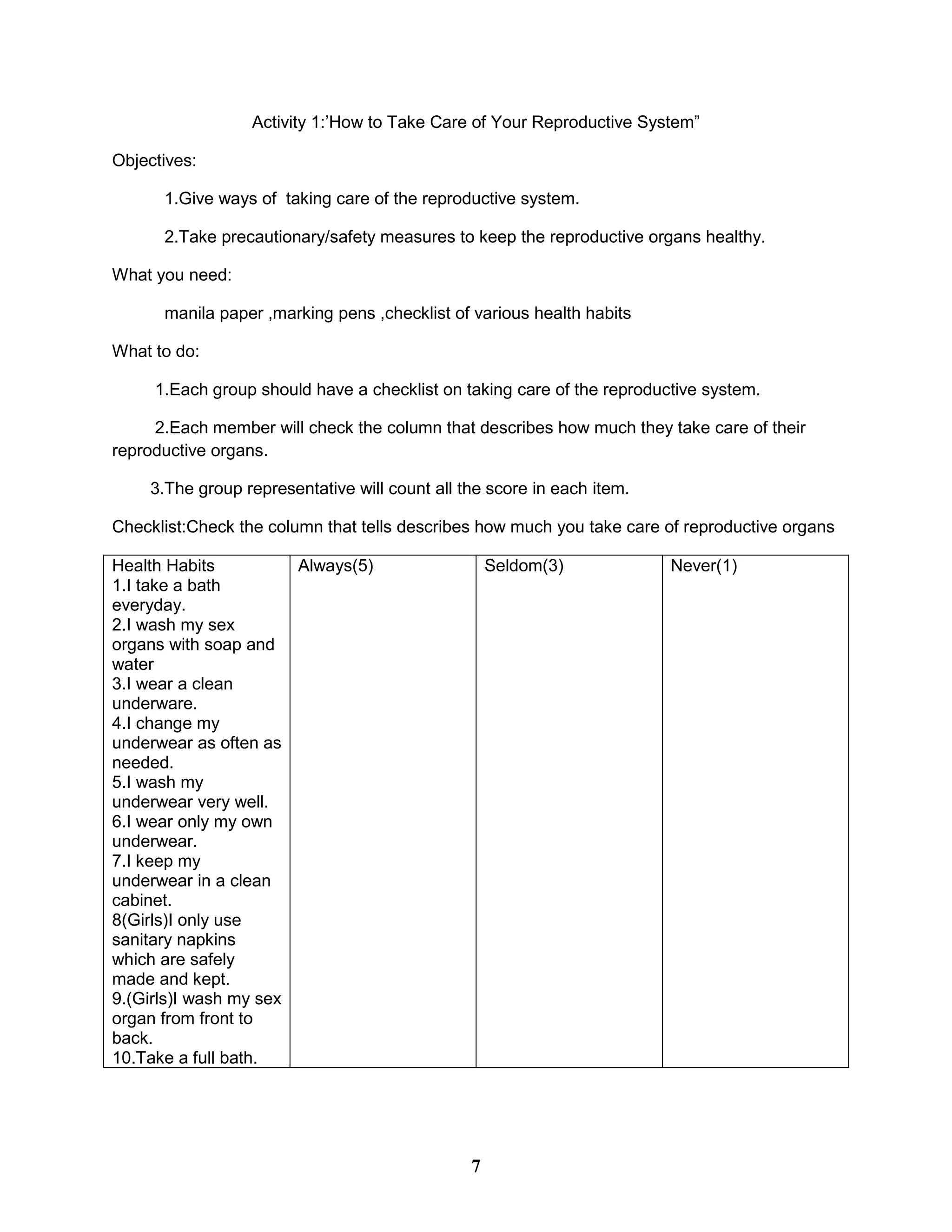 Activity 1:’How to Take Care of Your Reproductive System”
Objectives:
1.Give ways of taking care of the reproductive system.
2.Take precautionary/safety measures to keep the reproductive organs healthy.
What you need:
manila paper ,marking pens ,checklist of various health habits
What to do:
1.Each group should have a checklist on taking care of the reproductive system.
2.Each member will check the column that describes how much they take care of their
reproductive organs.
3.The group representative will count all the score in each item.
Checklist:Check the column that tells describes how much you take care of reproductive organs
Health Habits
1.I take a bath
everyday.
2.I wash my sex
organs with soap and
water
3.I wear a clean
underware.
4.I change my
underwear as often as
needed.
5.I wash my
underwear very well.
6.I wear only my own
underwear.
7.I keep my
underwear in a clean
cabinet.
8(Girls)I only use
sanitary napkins
which are safely
made and kept.
9.(Girls)I wash my sex
organ from front to
back.
10.Take a full bath.
Always(5) Seldom(3) Never(1)
7
 