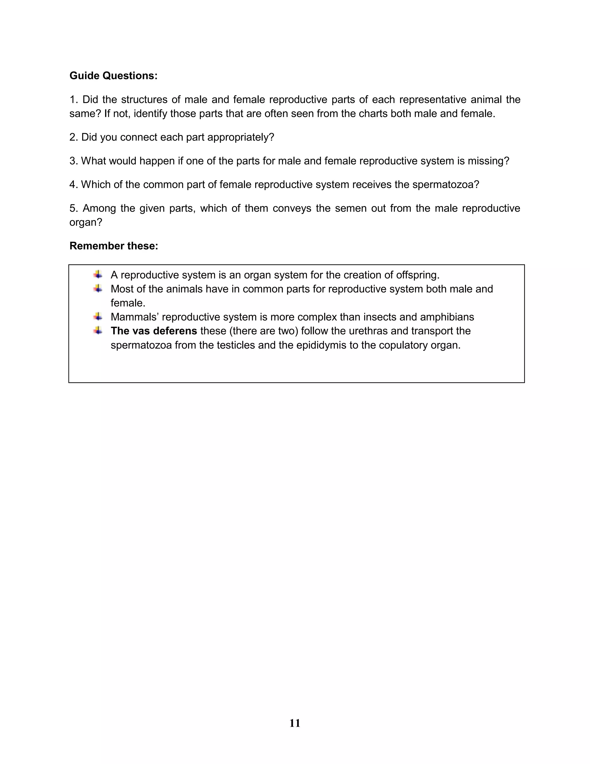 Guide Questions:
1. Did the structures of male and female reproductive parts of each representative animal the
same? If not, identify those parts that are often seen from the charts both male and female.
2. Did you connect each part appropriately?
3. What would happen if one of the parts for male and female reproductive system is missing?
4. Which of the common part of female reproductive system receives the spermatozoa?
5. Among the given parts, which of them conveys the semen out from the male reproductive
organ?
Remember these:
A reproductive system is an organ system for the creation of offspring.
Most of the animals have in common parts for reproductive system both male and
female.
Mammals’ reproductive system is more complex than insects and amphibians
The vas deferens these (there are two) follow the urethras and transport the
spermatozoa from the testicles and the epididymis to the copulatory organ.
11
 