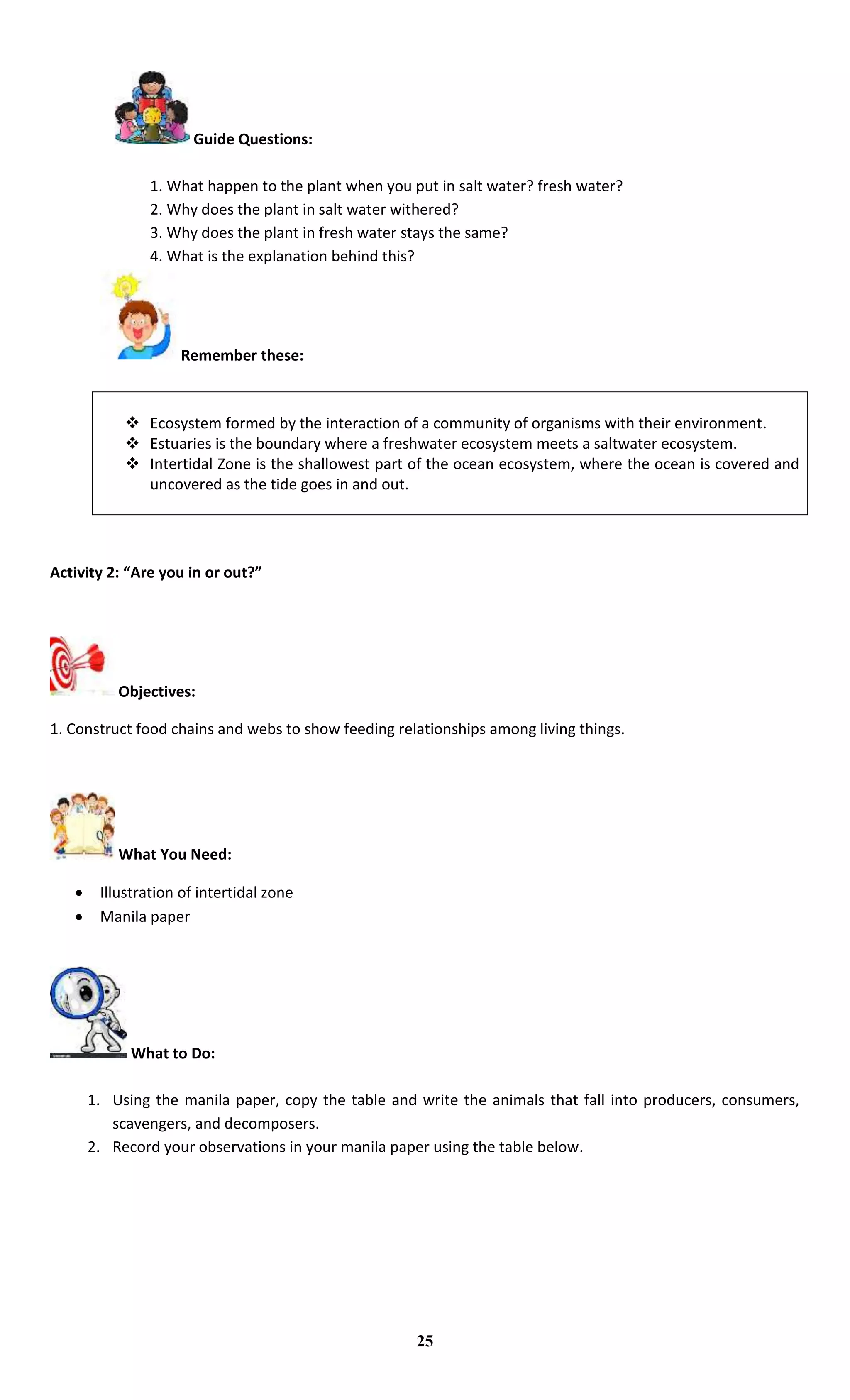 Guide Questions:
1. What happen to the plant when you put in salt water? fresh water?
2. Why does the plant in salt water withered?
3. Why does the plant in fresh water stays the same?
4. What is the explanation behind this?
Remember these:
 Ecosystem formed by the interaction of a community of organisms with their environment.
 Estuaries is the boundary where a freshwater ecosystem meets a saltwater ecosystem.
 Intertidal Zone is the shallowest part of the ocean ecosystem, where the ocean is covered and
uncovered as the tide goes in and out.
Activity 2: “Are you in or out?”
Objectives:
1. Construct food chains and webs to show feeding relationships among living things.
What You Need:
 Illustration of intertidal zone
 Manila paper
What to Do:
1. Using the manila paper, copy the table and write the animals that fall into producers, consumers,
scavengers, and decomposers.
2. Record your observations in your manila paper using the table below.
25
 