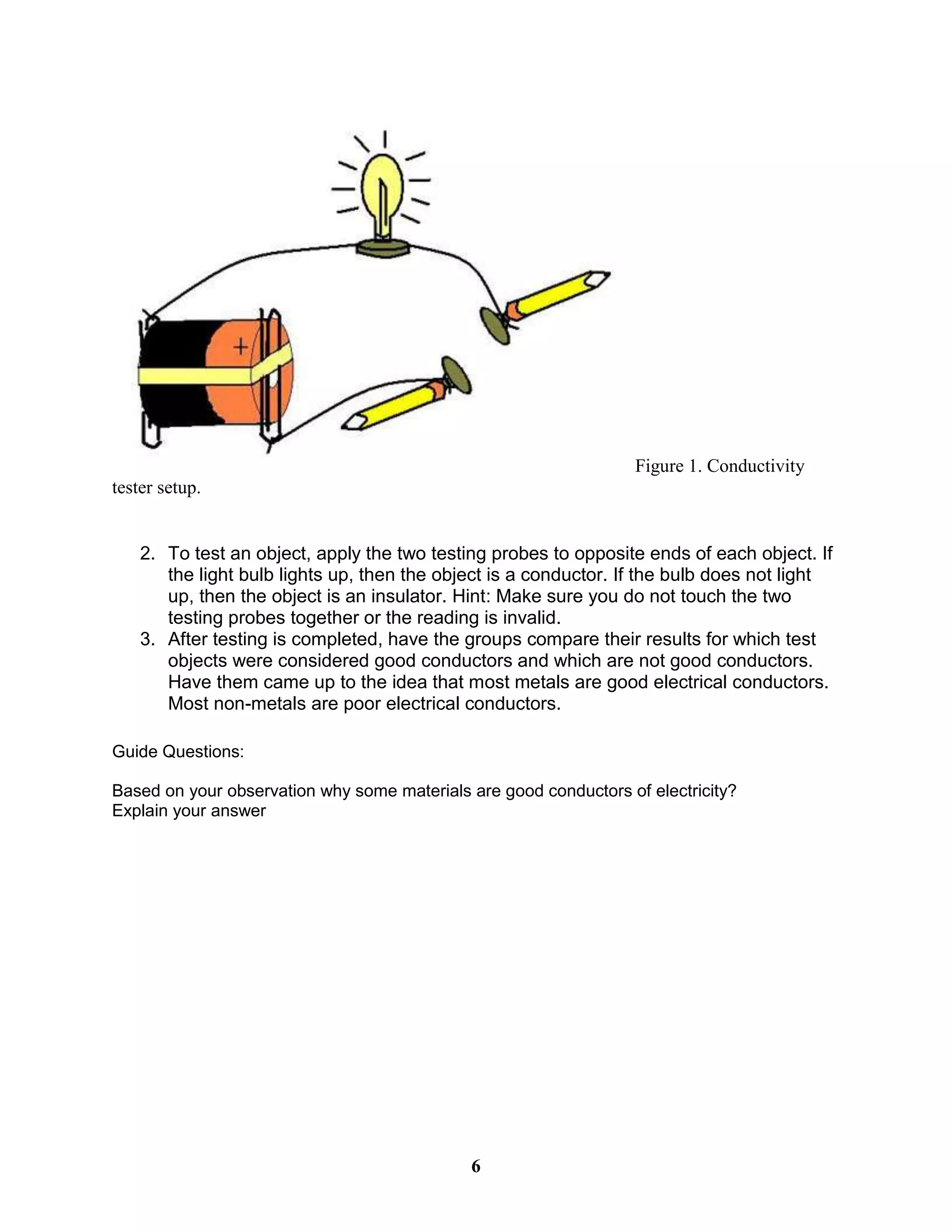 Figure 1. Conductivity
tester setup.
2. To test an object, apply the two testing probes to opposite ends of each object. If
the light bulb lights up, then the object is a conductor. If the bulb does not light
up, then the object is an insulator. Hint: Make sure you do not touch the two
testing probes together or the reading is invalid.
3. After testing is completed, have the groups compare their results for which test
objects were considered good conductors and which are not good conductors.
Have them came up to the idea that most metals are good electrical conductors.
Most non-metals are poor electrical conductors.
Guide Questions:
Based on your observation why some materials are good conductors of electricity?
Explain your answer
6
 
