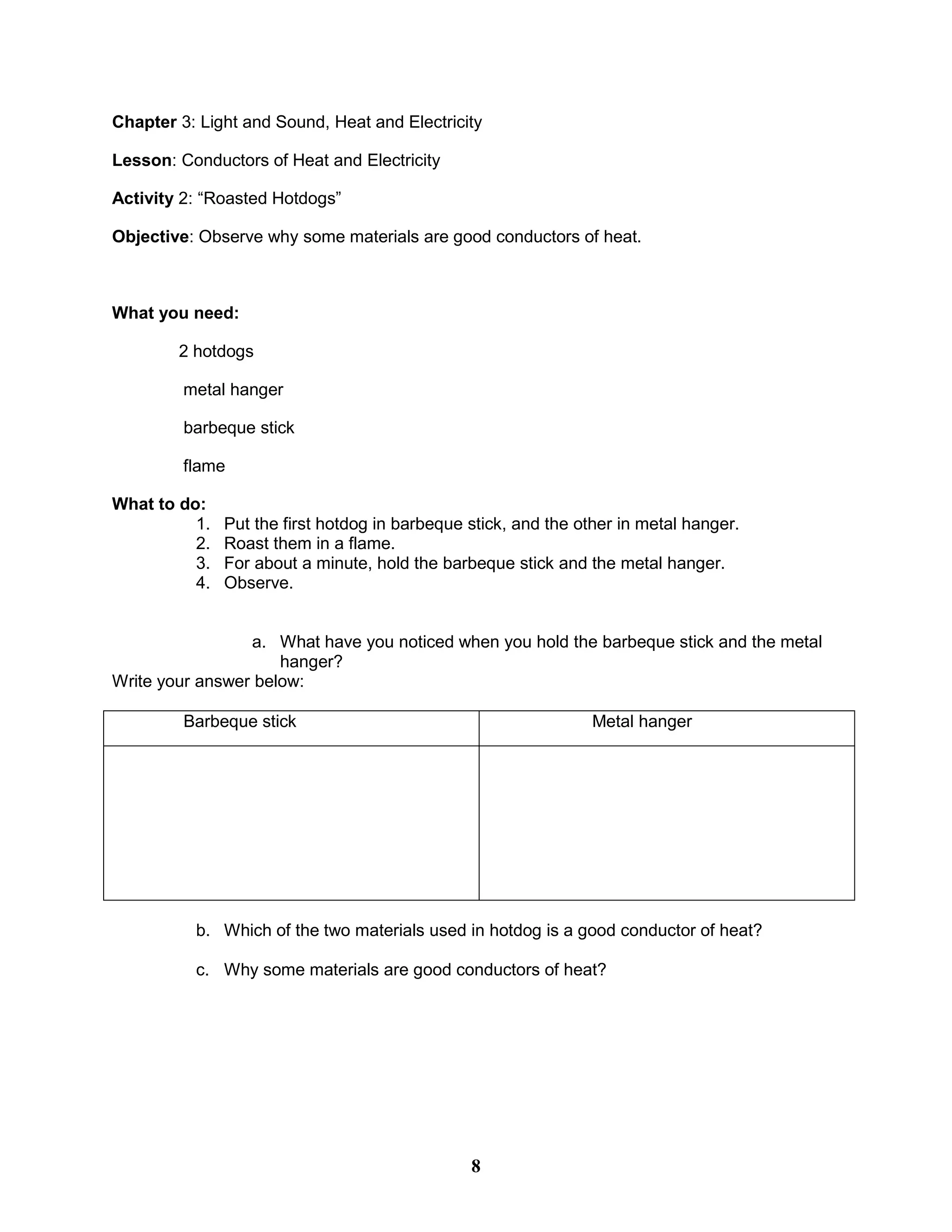 Chapter 3: Light and Sound, Heat and Electricity
Lesson: Conductors of Heat and Electricity
Activity 2: “Roasted Hotdogs”
Objective: Observe why some materials are good conductors of heat.
What you need:
2 hotdogs
metal hanger
barbeque stick
flame
What to do:
1. Put the first hotdog in barbeque stick, and the other in metal hanger.
2. Roast them in a flame.
3. For about a minute, hold the barbeque stick and the metal hanger.
4. Observe.
a. What have you noticed when you hold the barbeque stick and the metal
hanger?
Write your answer below:
Barbeque stick Metal hanger
b. Which of the two materials used in hotdog is a good conductor of heat?
c. Why some materials are good conductors of heat?
8
 