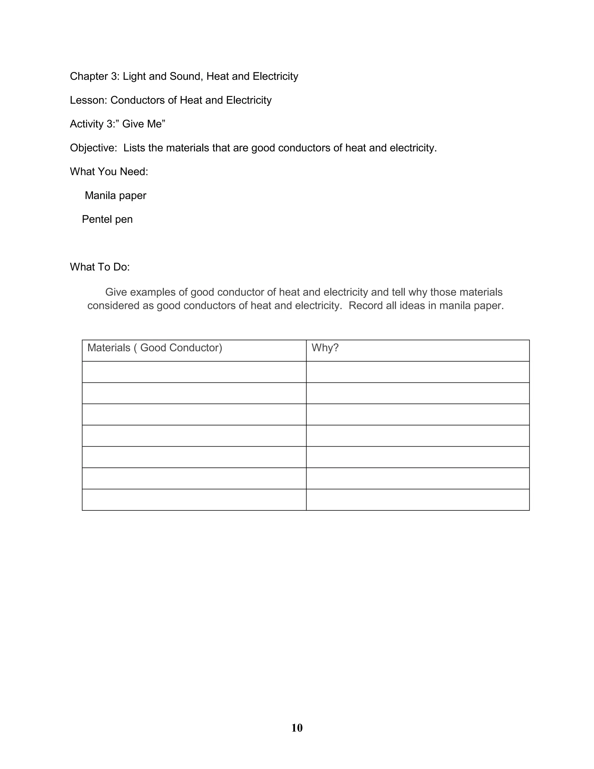 Chapter 3: Light and Sound, Heat and Electricity
Lesson: Conductors of Heat and Electricity
Activity 3:” Give Me”
Objective: Lists the materials that are good conductors of heat and electricity.
What You Need:
Manila paper
Pentel pen
What To Do:
Give examples of good conductor of heat and electricity and tell why those materials
considered as good conductors of heat and electricity. Record all ideas in manila paper.
Materials ( Good Conductor) Why?
10
 