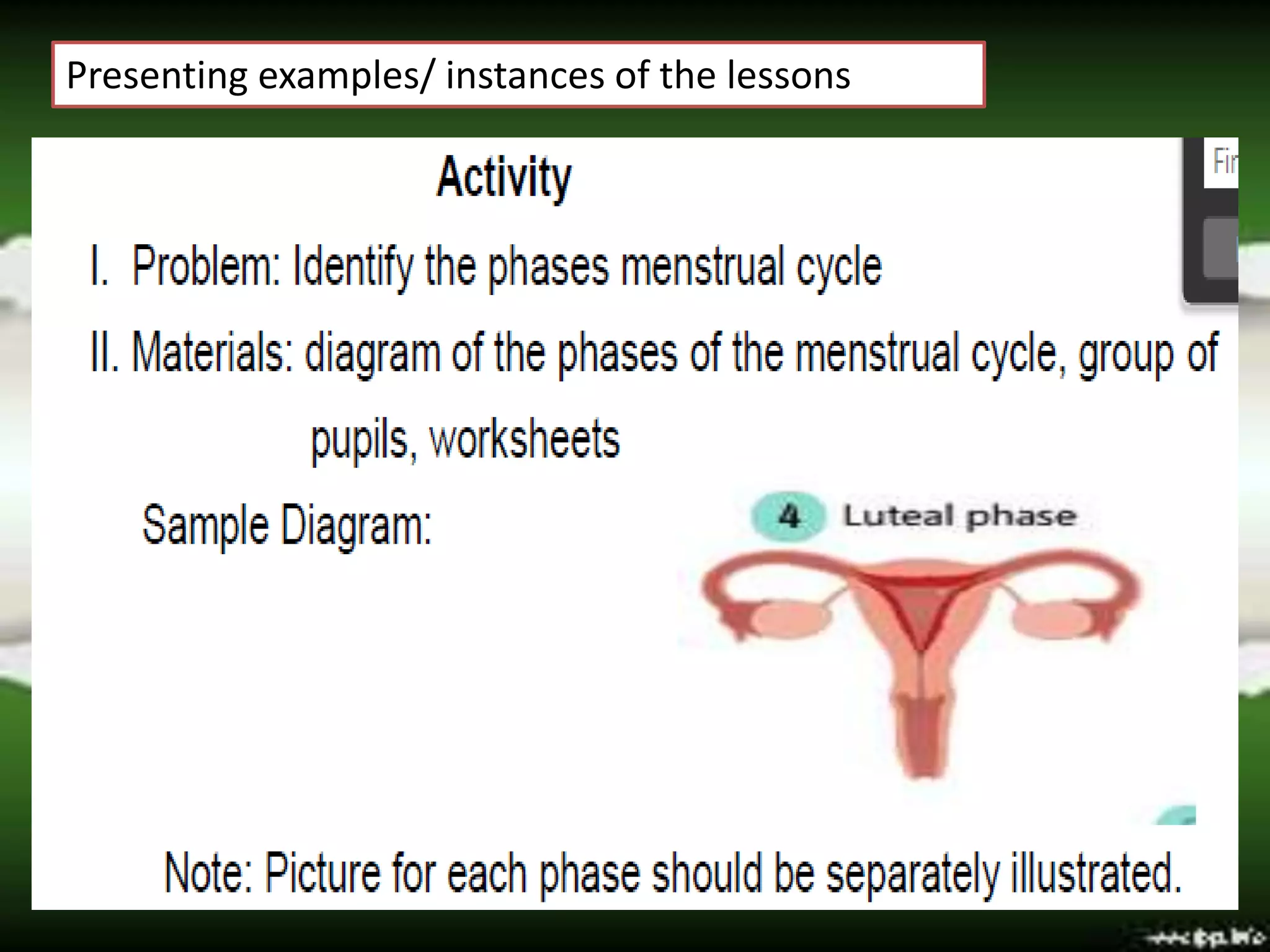 Presenting examples/ instances of the lessons
 