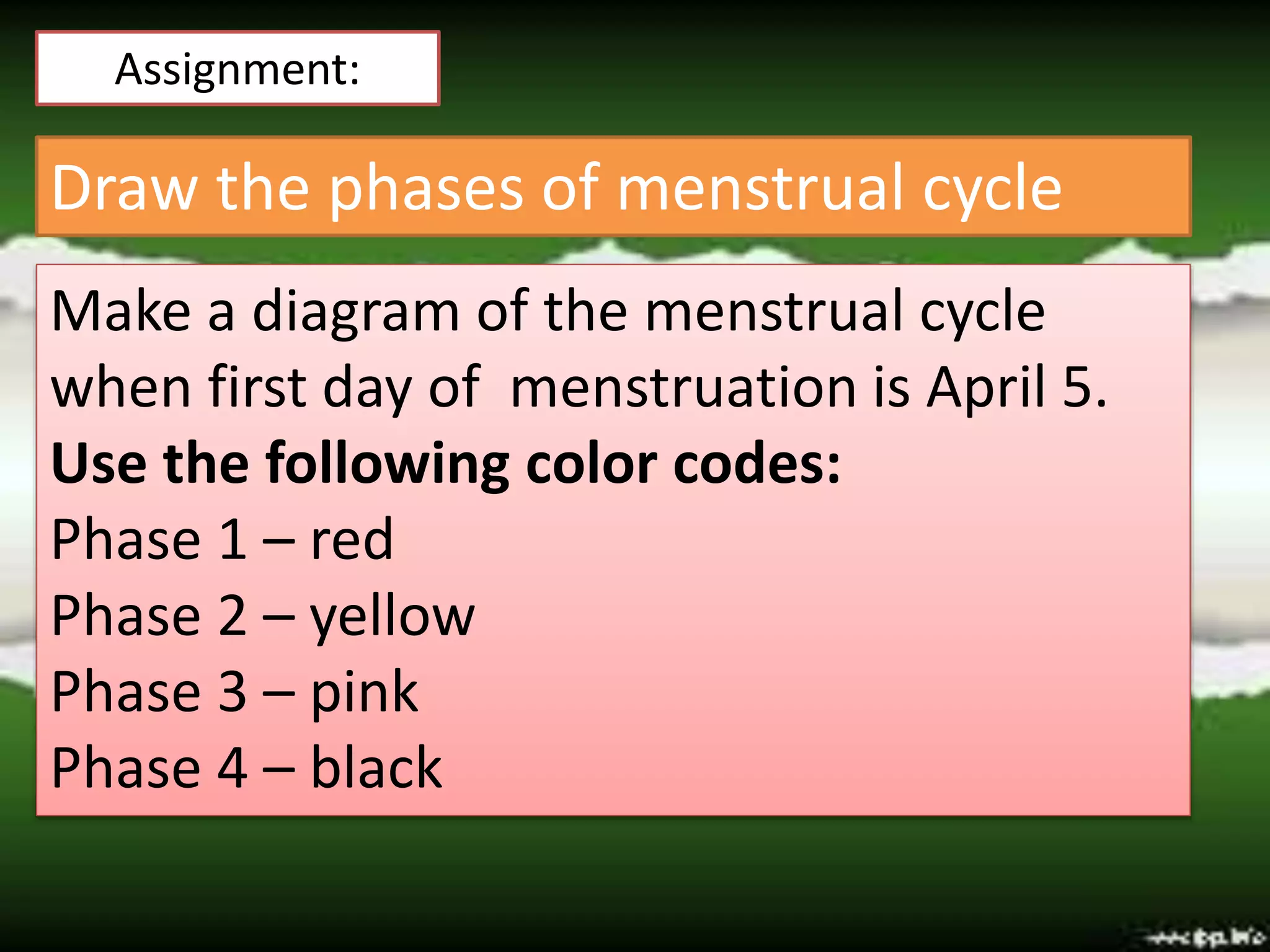 Assignment:
Draw the phases of menstrual cycle
Make a diagram of the menstrual cycle
when first day of menstruation is April 5.
Use the following color codes:
Phase 1 – red
Phase 2 – yellow
Phase 3 – pink
Phase 4 – black
 
