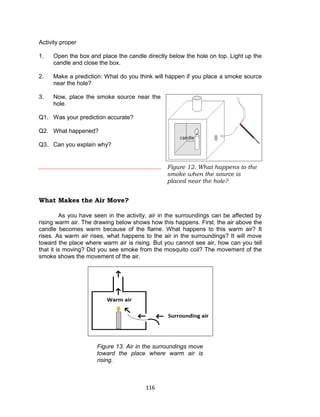 116
Activity proper
1. Open the box and place the candle directly below the hole on top. Light up the
candle and close the box.
2. Make a prediction: What do you think will happen if you place a smoke source
near the hole?
3. Now, place the smoke source near the
hole.
Q1. Was your prediction accurate?
Q2. What happened?
Q3. Can you explain why?
What Makes the Air Move?
As you have seen in the activity, air in the surroundings can be affected by
rising warm air. The drawing below shows how this happens. First, the air above the
candle becomes warm because of the flame. What happens to this warm air? It
rises. As warm air rises, what happens to the air in the surroundings? It will move
toward the place where warm air is rising. But you cannot see air, how can you tell
that it is moving? Did you see smoke from the mosquito coil? The movement of the
smoke shows the movement of the air.
Figure 13. Air in the surroundings move
toward the place where warm air is
rising.
Figure 12. What happens to the
smoke when the source is
placed near the hole?
 