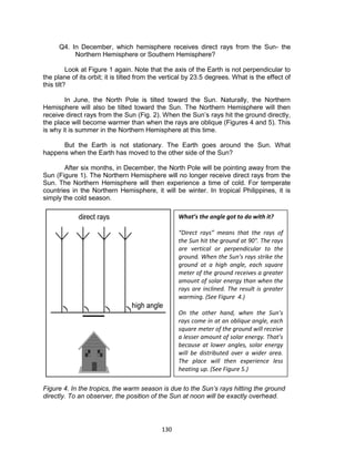 130
Q4. In December, which hemisphere receives direct rays from the Sun- the
Northern Hemisphere or Southern Hemisphere?
Look at Figure 1 again. Note that the axis of the Earth is not perpendicular to
the plane of its orbit; it is tilted from the vertical by 23.5 degrees. What is the effect of
this tilt?
In June, the North Pole is tilted toward the Sun. Naturally, the Northern
Hemisphere will also be tilted toward the Sun. The Northern Hemisphere will then
receive direct rays from the Sun (Fig. 2). When the Sun’s rays hit the ground directly,
the place will become warmer than when the rays are oblique (Figures 4 and 5). This
is why it is summer in the Northern Hemisphere at this time.
But the Earth is not stationary. The Earth goes around the Sun. What
happens when the Earth has moved to the other side of the Sun?
After six months, in December, the North Pole will be pointing away from the
Sun (Figure 1). The Northern Hemisphere will no longer receive direct rays from the
Sun. The Northern Hemisphere will then experience a time of cold. For temperate
countries in the Northern Hemisphere, it will be winter. In tropical Philippines, it is
simply the cold season.
Figure 4. In the tropics, the warm season is due to the Sun’s rays hitting the ground
directly. To an observer, the position of the Sun at noon will be exactly overhead.
What’s the angle got to do with it?
“Direct rays” means that the rays of
the Sun hit the ground at 90°. The rays
are vertical or perpendicular to the
ground. When the Sun’s rays strike the
ground at a high angle, each square
meter of the ground receives a greater
amount of solar energy than when the
rays are inclined. The result is greater
warming. (See Figure 4.)
On the other hand, when the Sun’s
rays come in at an oblique angle, each
square meter of the ground will receive
a lesser amount of solar energy. That’s
because at lower angles, solar energy
will be distributed over a wider area.
The place will then experience less
heating up. (See Figure 5.)
 