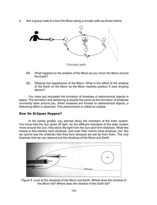 136
5. Ask a group mate to move the Moon along a circular path as shown below.
Q4. What happens to the shadow of the Moon as you move the Moon around
the Earth?
Q5. Observe the appearance of the Moon. What is the effect of the shadow
of the Earth on the Moon as the Moon reaches position X (see drawing
above)?
You have just simulated the formation of shadows of astronomical objects in
space. The formation and darkening is exactly the same as the formation of shadows
commonly seen around you. When shadows are formed on astronomical objects, a
darkening effect is observed. This phenomenon is called an eclipse.
How Do Eclipses Happen?
In the earlier grades, you learned about the members of the solar system.
You know that the Sun gives off light. As the different members of the solar system
move around the Sun, they block the light from the Sun and form shadows. What this
means is that planets have shadows, and even their moons have shadows, too. But
we cannot see the shadows that they form because we are far from them. The only
shadows that we can observe are the shadows of the Moon and Earth.
Figure 6. Look at the shadows of the Moon and Earth. Where does the shadow of
the Moon fall? Where does the shadow of the Earth fall?
Circular path
 