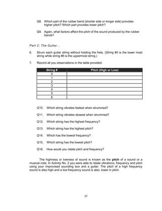 37
Q8. Which part of the rubber band (shorter side or longer side) provides
higher pitch? Which part provides lower pitch?
Q9. Again, what factors affect the pitch of the sound produced by the rubber
bands?
Part 2: The Guitar...
6. Strum each guitar string without holding the frets. (String #0 is the lower most
string while string #6 is the uppermost string.)
7. Record all you observations in the table provided.
String # Pitch (High or Low)
0
1
2
3
4
5
6
Q10. Which string vibrates fastest when strummed?
Q11. Which string vibrates slowest when strummed?
Q12. Which string has the highest frequency?
Q13. Which string has the highest pitch?
Q14. Which has the lowest frequency?
Q15. Which string has the lowest pitch?
Q16. How would you relate pitch and frequency?
The highness or lowness of sound is known as the pitch of a sound or a
musical note. In Activity No. 2 you were able to relate vibrations, frequency and pitch
using your improvised sounding box and a guitar. The pitch of a high frequency
sound is also high and a low frequency sound is also; lower in pitch.
 