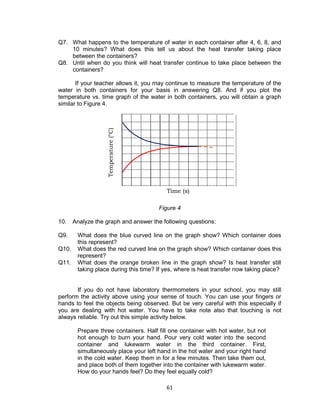 61
Q7. What happens to the temperature of water in each container after 4, 6, 8, and
10 minutes? What does this tell us about the heat transfer taking place
between the containers?
Q8. Until when do you think will heat transfer continue to take place between the
containers?
If your teacher allows it, you may continue to measure the temperature of the
water in both containers for your basis in answering Q8. And if you plot the
temperature vs. time graph of the water in both containers, you will obtain a graph
similar to Figure 4.
Figure 4
10. Analyze the graph and answer the following questions:
Q9. What does the blue curved line on the graph show? Which container does
this represent?
Q10. What does the red curved line on the graph show? Which container does this
represent?
Q11. What does the orange broken line in the graph show? Is heat transfer still
taking place during this time? If yes, where is heat transfer now taking place?
If you do not have laboratory thermometers in your school, you may still
perform the activity above using your sense of touch. You can use your fingers or
hands to feel the objects being observed. But be very careful with this especially if
you are dealing with hot water. You have to take note also that touching is not
always reliable. Try out this simple activity below.
Prepare three containers. Half fill one container with hot water, but not
hot enough to burn your hand. Pour very cold water into the second
container and lukewarm water in the third container. First,
simultaneously place your left hand in the hot water and your right hand
in the cold water. Keep them in for a few minutes. Then take them out,
and place both of them together into the container with lukewarm water.
How do your hands feel? Do they feel equally cold?
Time (s)
Temperature(°C)
 