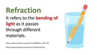 Refraction
It refers to the bending of
light as it passes
through different
materials.
https://www.youtube.com/watch?v=9n362snGUdw
https://www.youtube.com/watch?v=jQDRNb-E-cY&t=16s
 